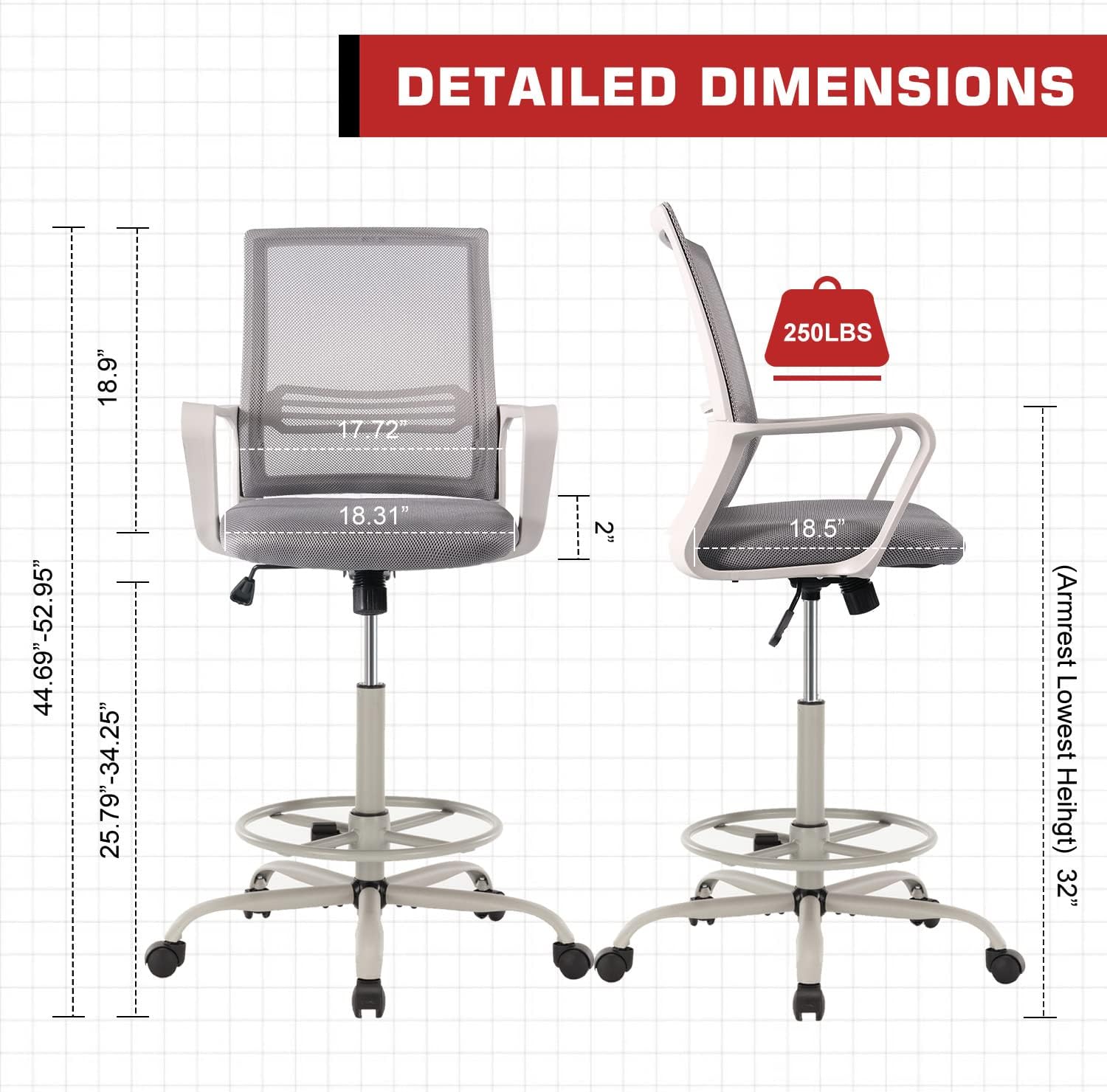 HOMEFLA Mid-Back Mesh Drafting Chair - Tall Office Chair with Armrest Standing Desk Chair Counter Height with Adjustable Foot Ring