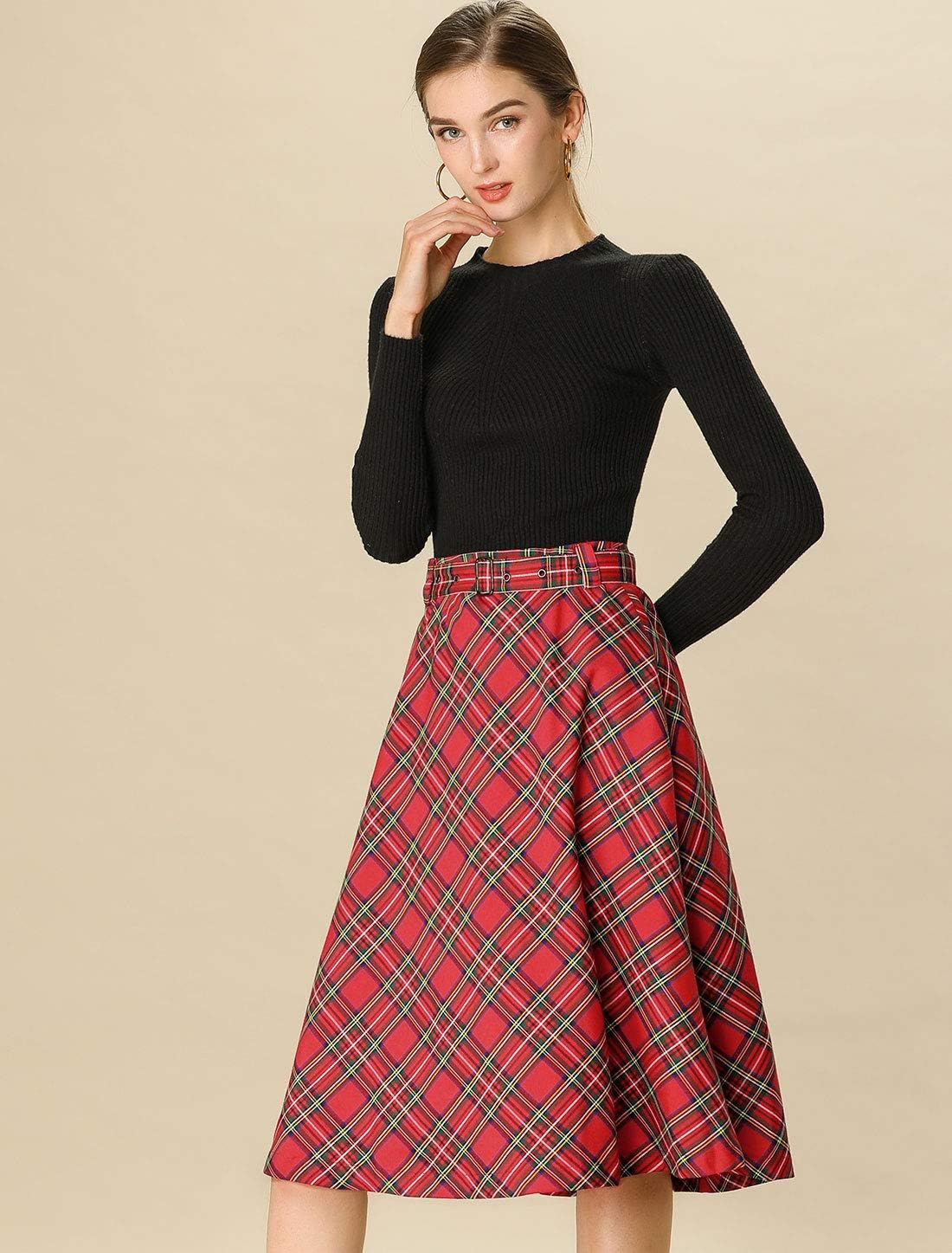 Allegra K Women's Tartan Plaid Christmas High Waist Belted Vintage A-Line Midi Skirt - Image 2