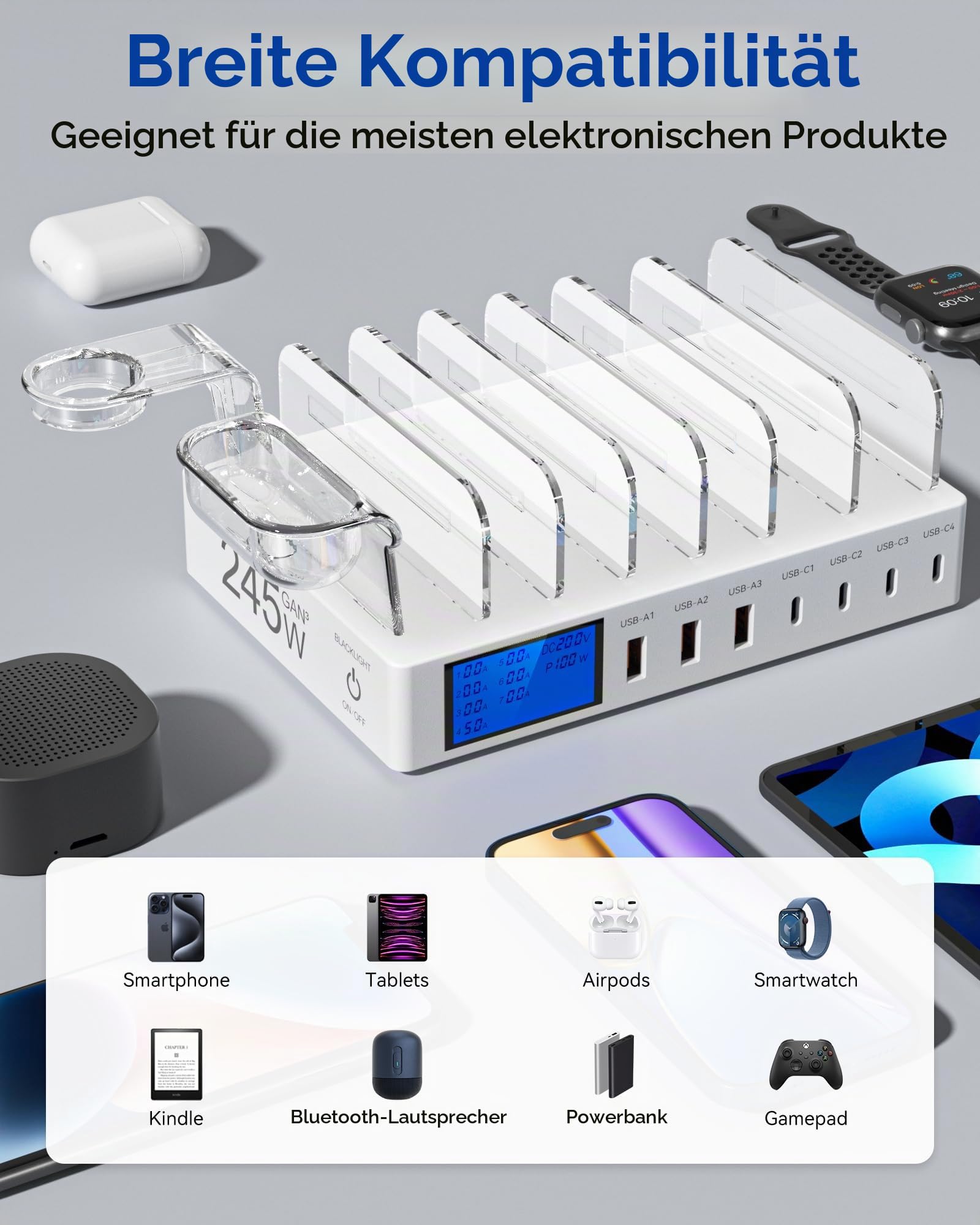 Ladestation Mehrere Geräte, 245W 7-Port-Handy Ladestation mit LCD-Anzeige, 100W PD USB C Schnellladegerät, für iPad, iPhone, Android, Tablet und Andere Elektronische Geräte-weiß（7 Gemischte Kabel）