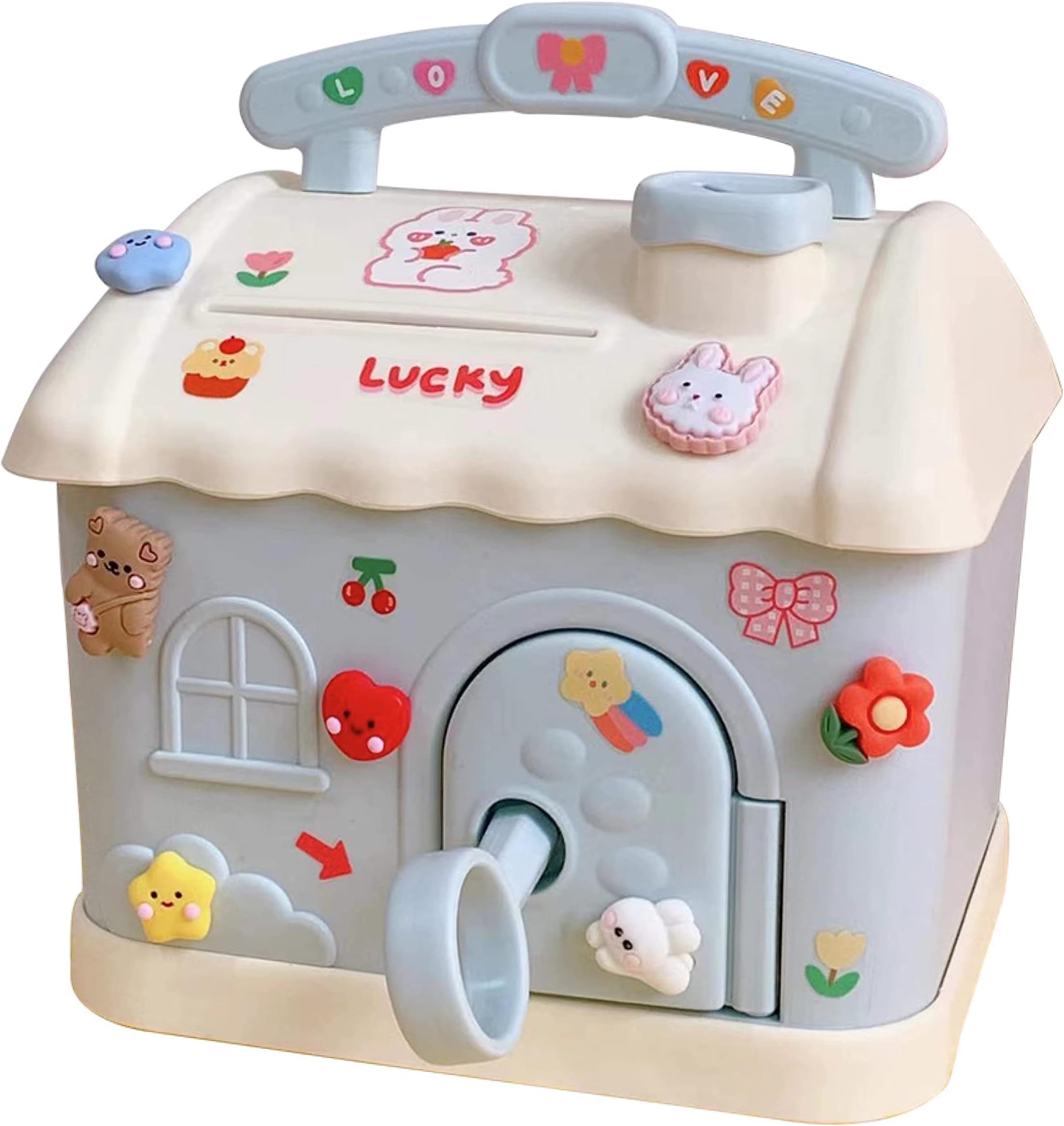 Kawaii Piggy Bank with Stickers and Patches Kawaii Money Bank for Paper Money and Coins Cute Cream House Gadgets Storage Box for School Girls and Teens Large Capacity with Key (Blue)