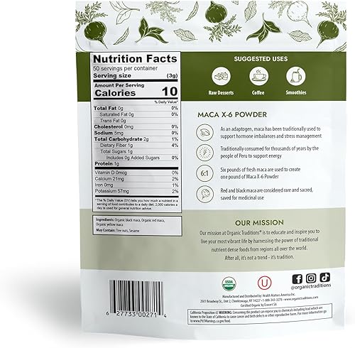 Miniatura 2 de Organic Traditions | Polvo negro y rojo de Maca X-6 | Polvo de raíz de maca | Superalimento energizante para hombres y mujeres | Bolsa de 150 g/5.3