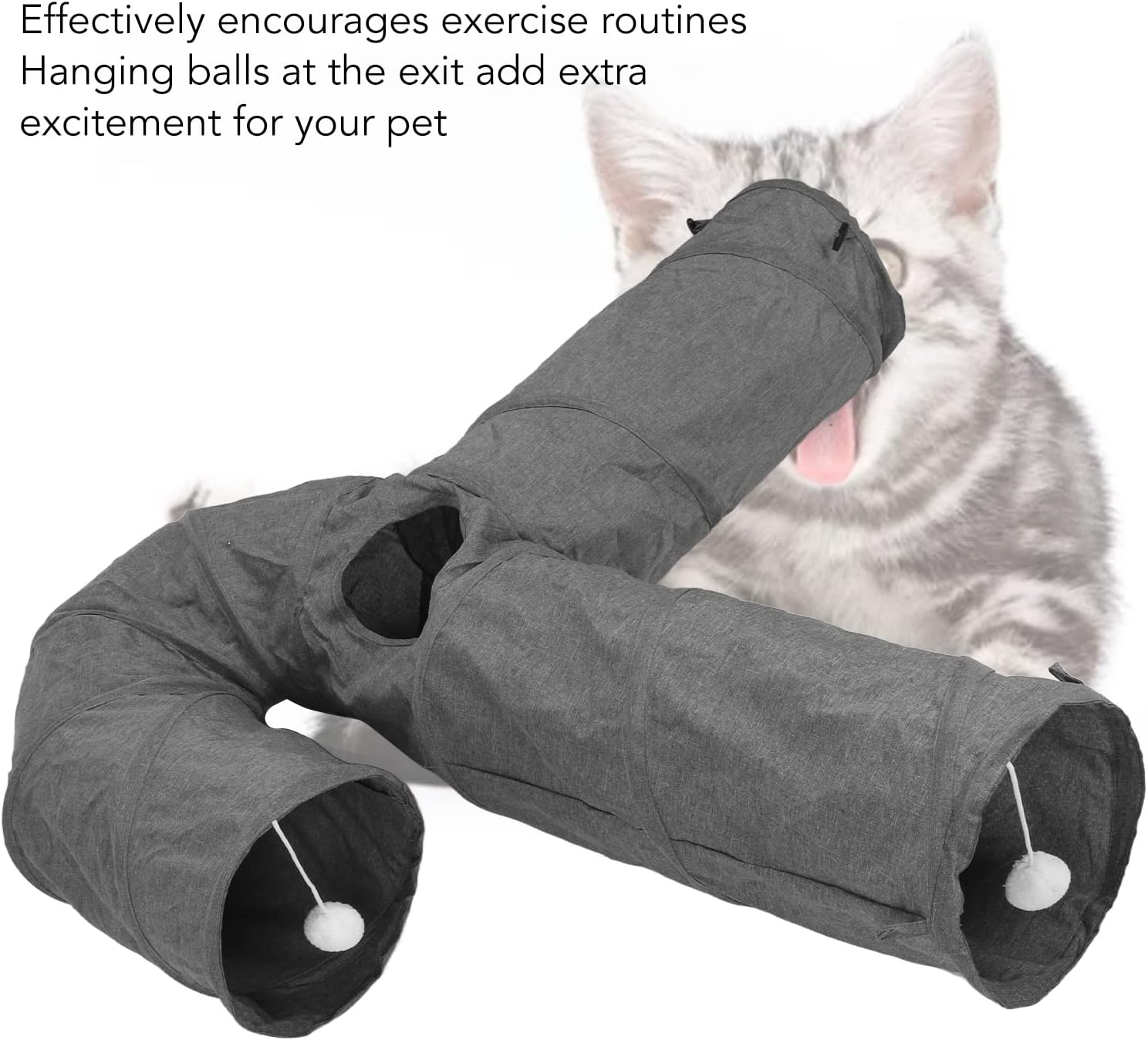 3 Way Cat Tunnel, Foldable Pet Toy, Canvas Material, Built in Hanging Plush Ball, Skylight Opening, Suitable for Cats Kittens Daily Exercise