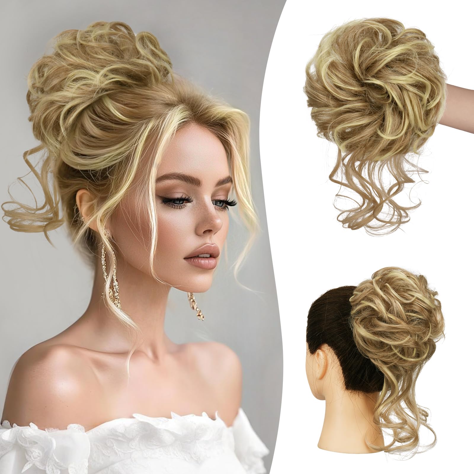 Sofeiyan Haarteil mit Gummiband Gelockt Dutt Haarteil mit Haaren Hochsteckfrisuren Synthetisch Messy Bun Haar Tousled Updo Haarteile für Frauen, Dunkelblond mit Hellblond