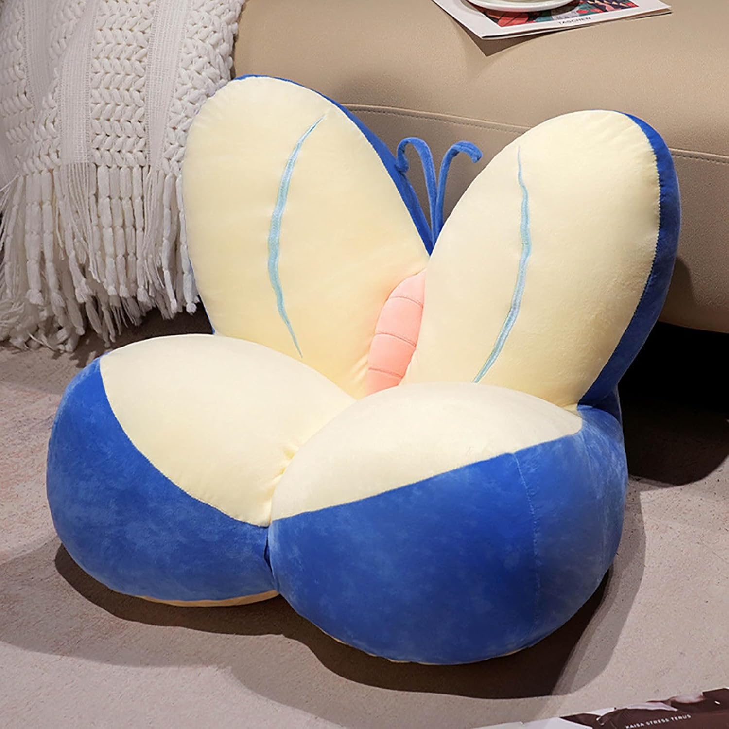 Butterfly Shape Chair Pillow, Cute Butterfly Plush Seat Cushion with Non-Slip Bottom for Floor, Sofa & Dorm Seating, Comfortable Decorative Pillow for Bedroom, Home Office & Girls Room Decor (Yellow)