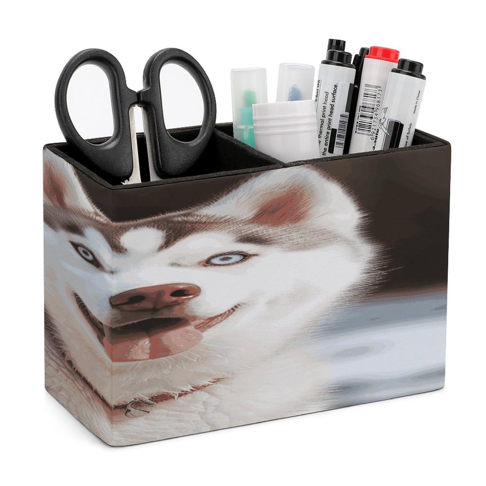 FekiLoot PU Leather Husky Piquant Dog Pen Holder for Desk 2 Compartments Desktop Stationary Organizer Rectangle Table Pencil Cup Stand Desktop Stationery Organizer Case for Office Home