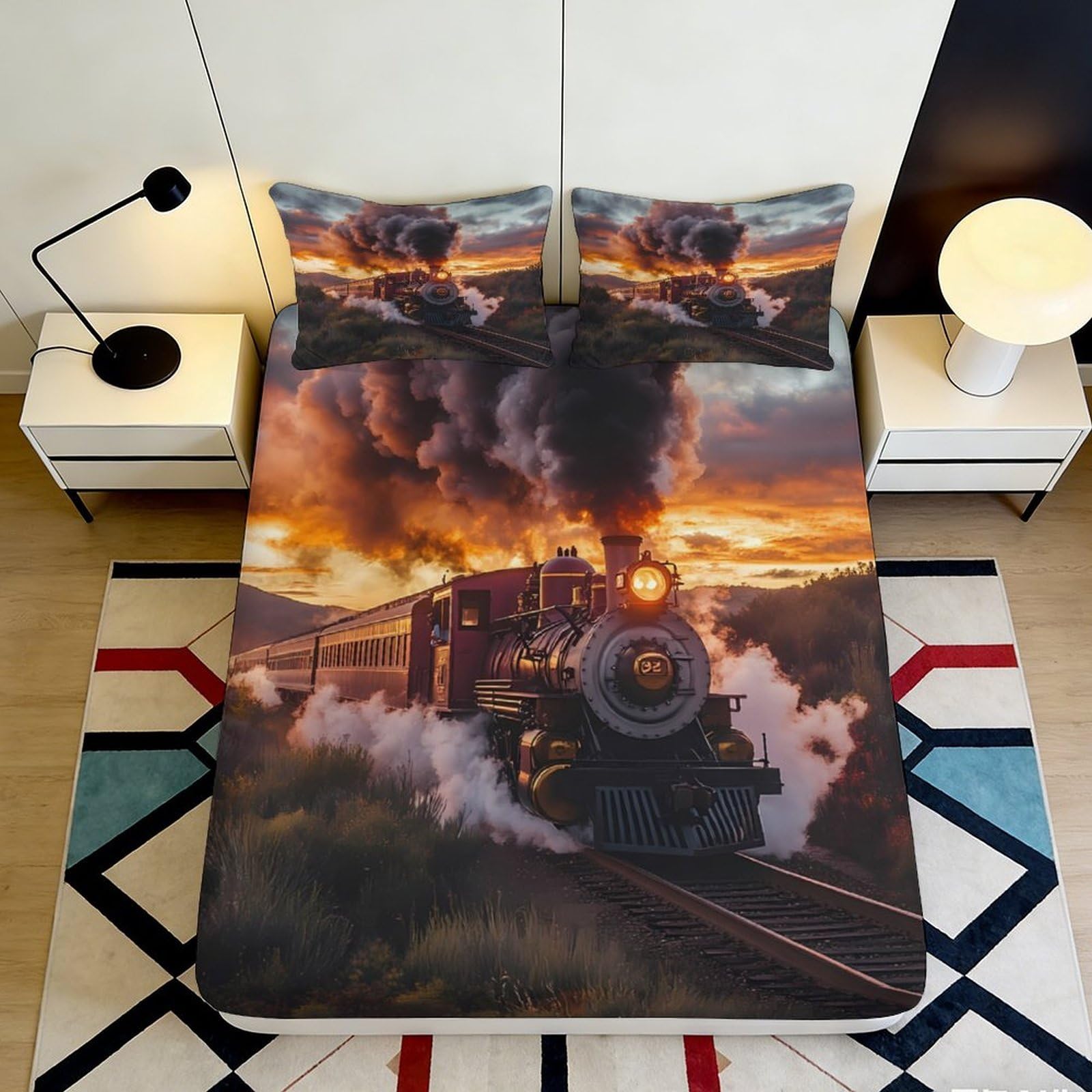 Dhbaneiok Style-8 3D Printed Steam Train Sunset Fitted Sheet Microfiber Soft Bedroom Decor Locomotive Bed Cover For Adult Teen 90X200x25cm