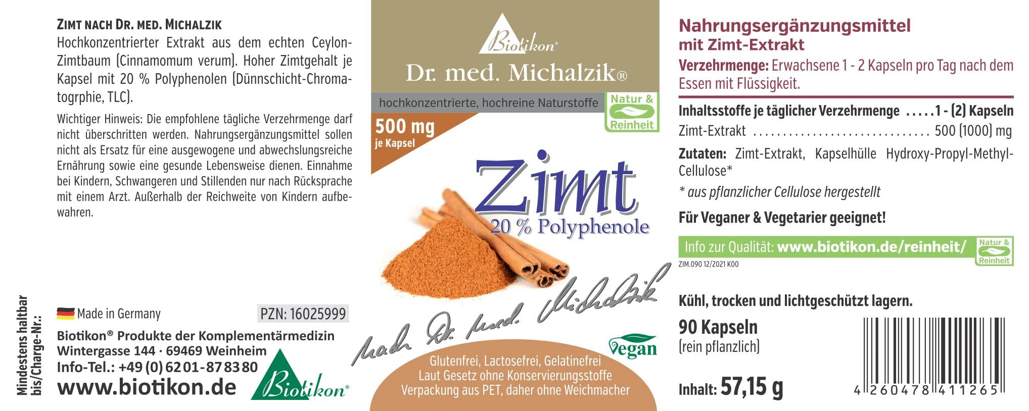 Ceylon-Zimt Dr. med. Michalzik - je Kapsel [500mg] Zimt + [20%] Polyphenolen - feinster Extrakt aus dem echten Ceylonzimt-Baum - ohne Zusatzstoffe - von BIOTIKON®