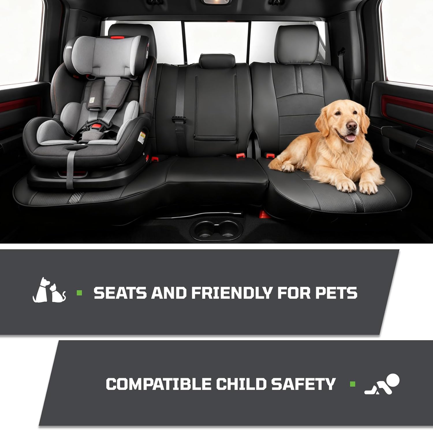 Fit for Dodge 2009-2018（4th） Ram 1500 Crew Cab Car Seat Covers,Custom Leather Truck Car Seat Covers Full Set,Ram 1500 Seat Covers for Rebel、Sport、Laramie、Longhorn、Limited-Black