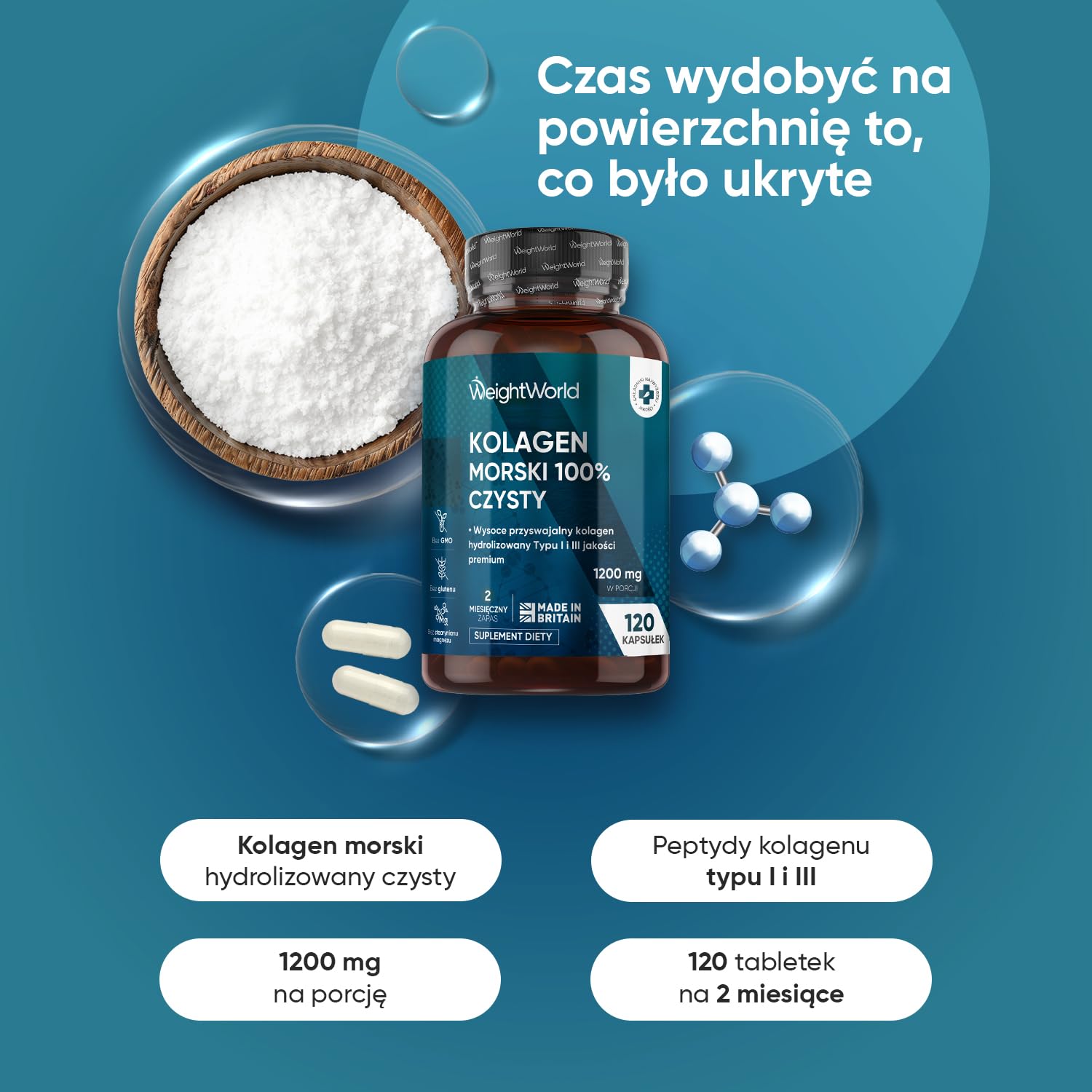 Hydrolizowany kolagen morski 100% czysty 1200 mg – 120 miękkich kapsułek z peptydami kolagenu morskiego hydrolizowanego typu I i III – zapas na 2 miesiące, bez glutenu, laktozy i GMO