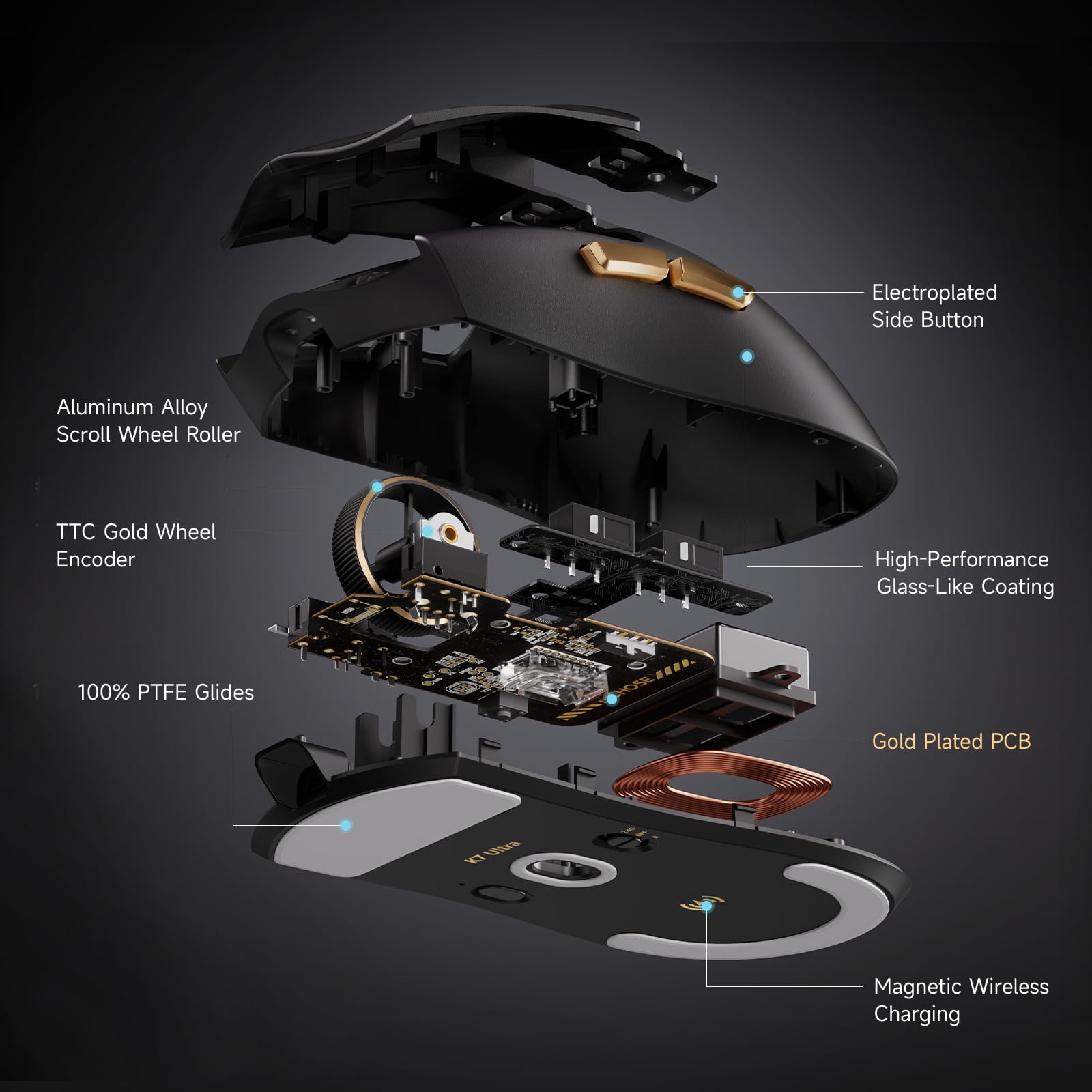 MCHOSE K7 Ultra Souris Gaming sans Fil, Station de Charge Magnétique RGB | 42 000 DPI, Capteur PAW3950, Dual 8K Polling, Légère 59 g, sans fil BT/2,4G/Filaire, Batterie 500 mAh, PC/Mac, Noir-Or