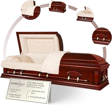 Overnight Caskets Columbia Mahogany Wood Casket Cherry with Ivory Interior | Handcrafted solid mahogany wood with ivory interior lining, fully appointed adult casket with pillow & throw set