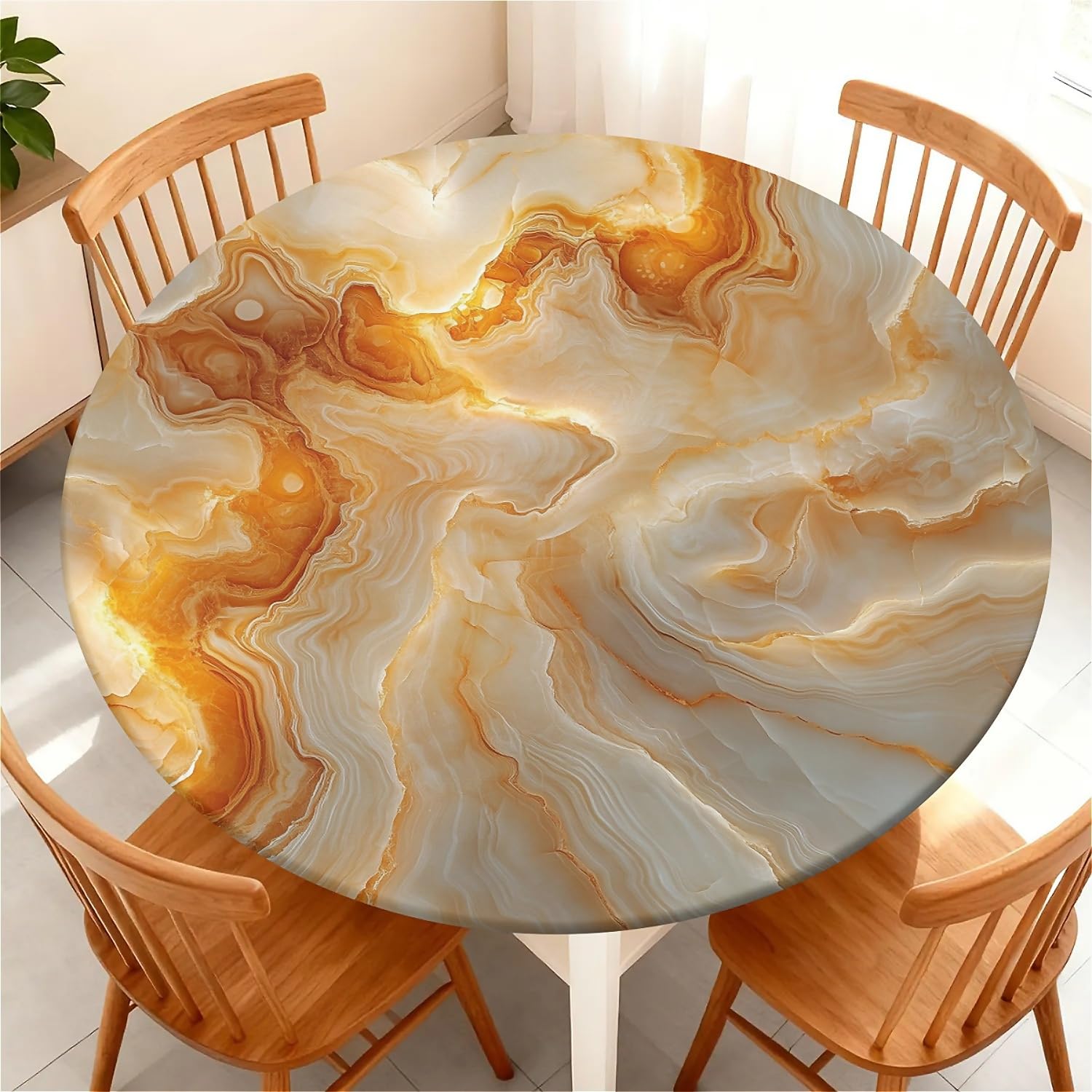 Photo 1 of COTAIL Round Tablecloth with Elastic Waterproof Table Cover for Up to 45"-48" Round Table, Oil Proof Circle Cover for Kitchen Dining Camping Picnic Party Holiday,Gold Marble