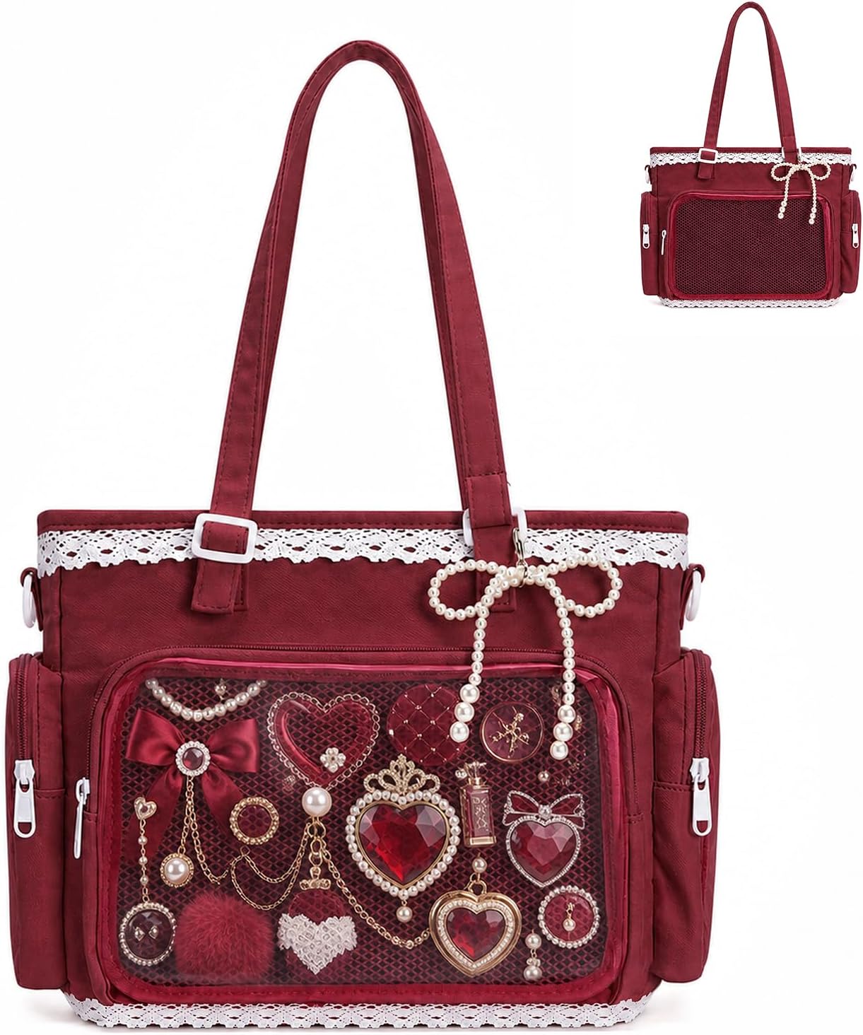 Ita Bag Cute Y2k-Style Itabag with a Transparent Display Window, Lace Shoulder Bag for Anime Badges, Pins and Charms
