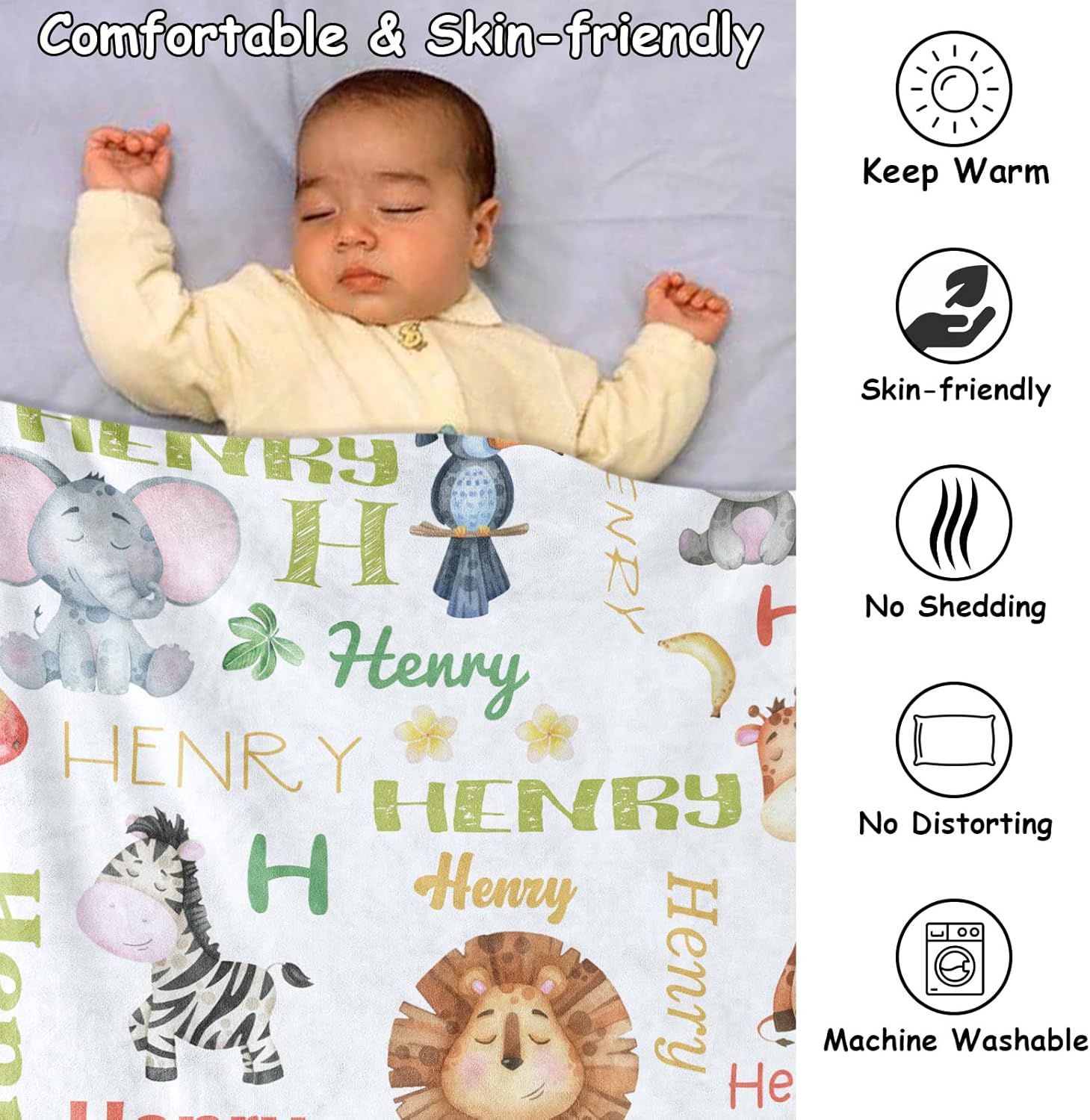KAINSY Personalized Animals Baby Throw Blanket for Boys Girls Jungle Safari Custom Name Nursery Bed Blankets for Newborn Kids Cute Birthday Gifts, Olive Green, 40 x 50inch