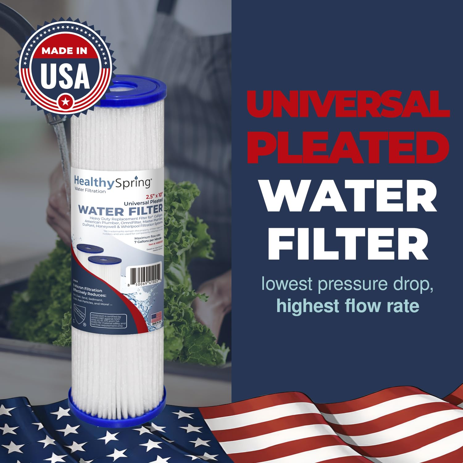 Healthy Spring High-Performance 5 Micron 10x2.5 Whole House Pleated Sediment Filter Cartridge for Well Water Filter Replacement Compatible with WFPFC3002, WHKF-WHPL, Made in USA, 2 Pack