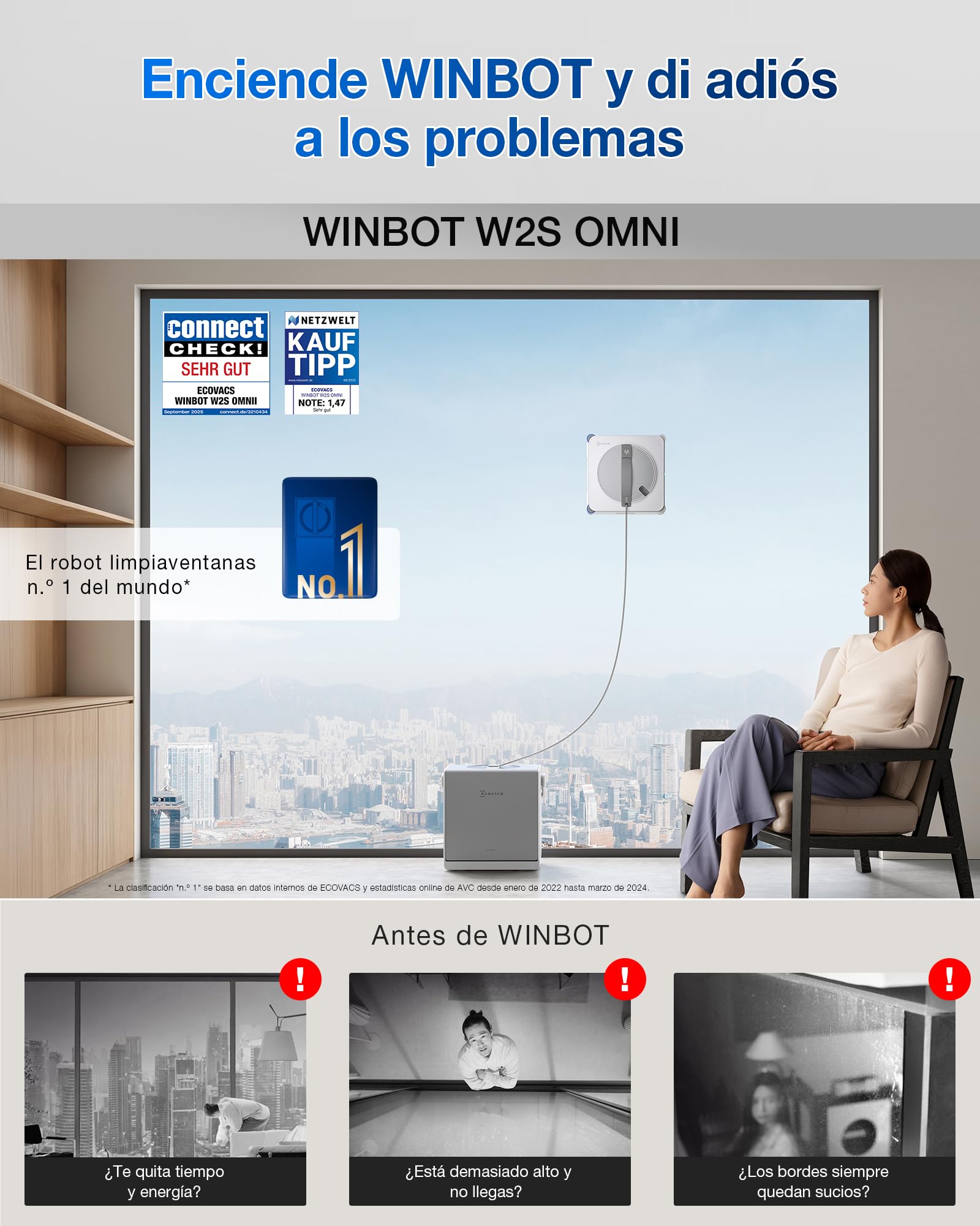 ECOVACS WINBOT W2S Omni Robot limpiacristales con estación, Inteligente de Borde a Borde con TruEdge™, pulverizador de Agua de Triple Boquilla, protección de 12 Niveles, Win-Slam 4.0