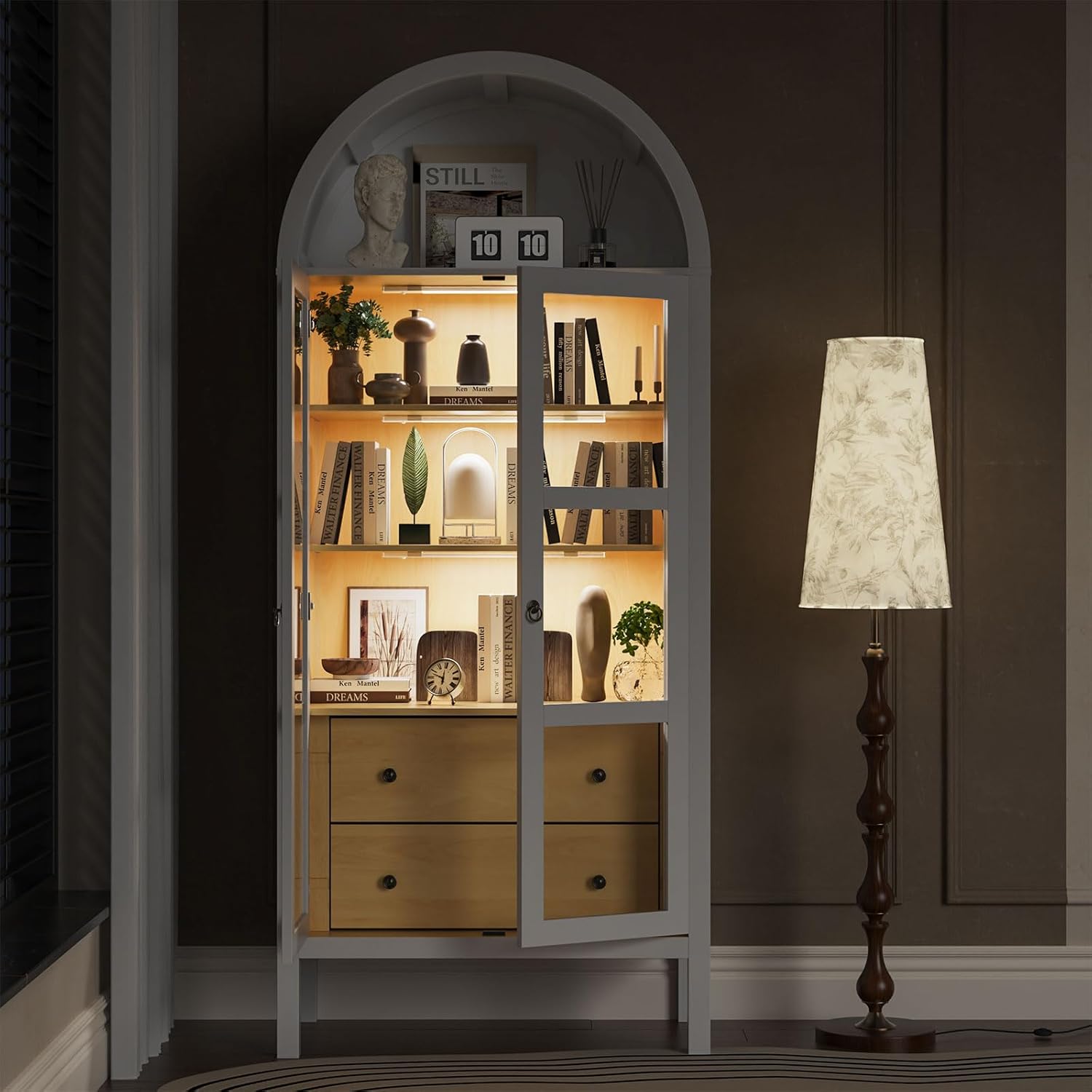 Modern Arched Cabinet with Auto Sensor Light and Glass Doors, 72" Tall Farmhouse Storage with Grain, Perfect for Living Room, Display Your Favorite Books, and Art Collections, White