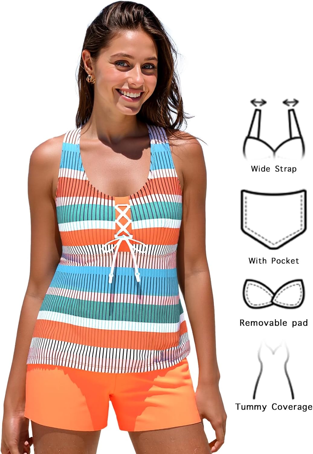 MODLILY Lace Up Womens Tankini Swimsuits with Pocket, Two Piece Bathing Suits, Racerback Tank Top with Board Shorts - Image 6