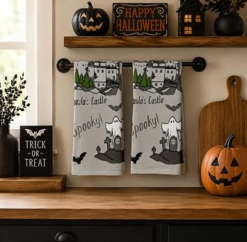 Serafina Home Halloween Kitchen Hand Dish Towel: Dracula's Castle with Bats Spiderwebs Ghosts Design, 100% Cotton, Two (2) Piece Set