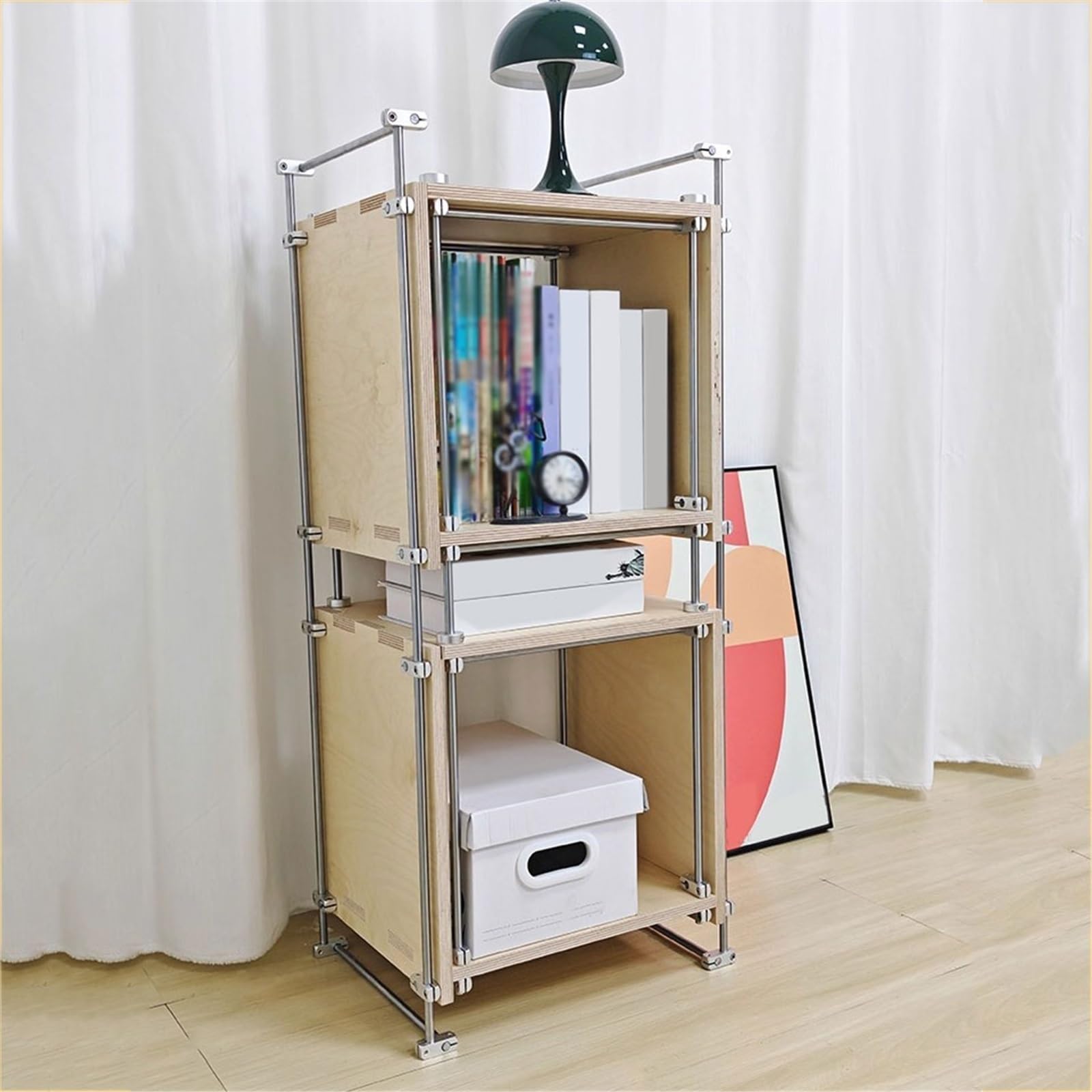 Custodia per CD Portadischi in vinile aperto in legno for soggiorno, credenza con supporto in acciaio inossidabile Portadischi