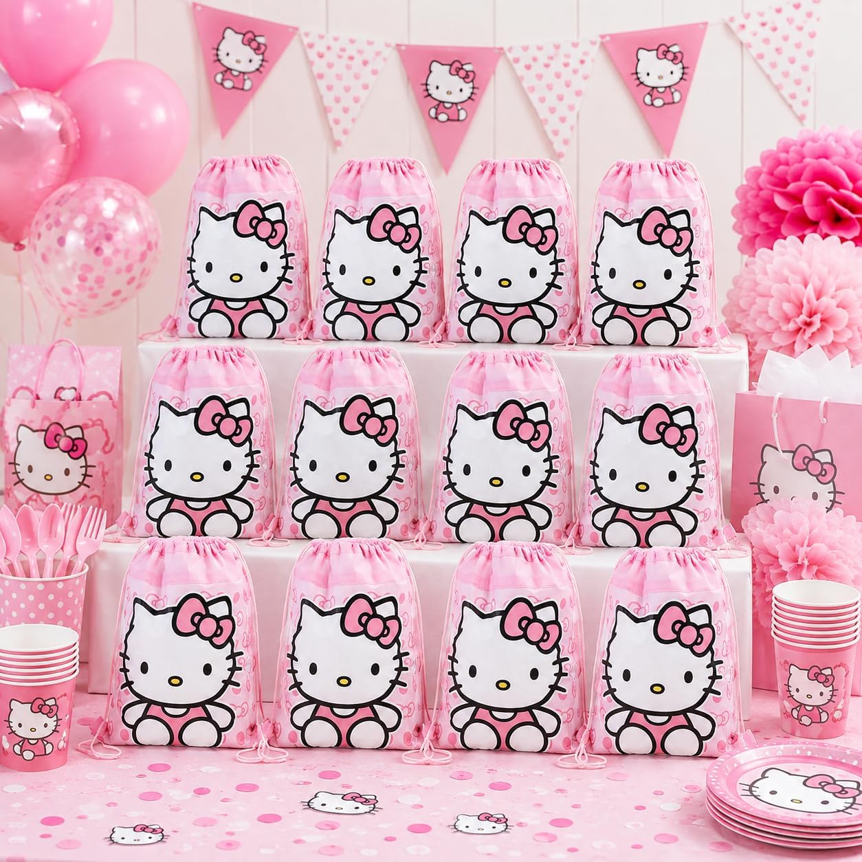 Hello Kitty Party Favor Bags Set - Bundle with 12 Hello Kitty Drawstring Bags for Kids and Stickers | Sanrio Birthday Party Supplies image 4