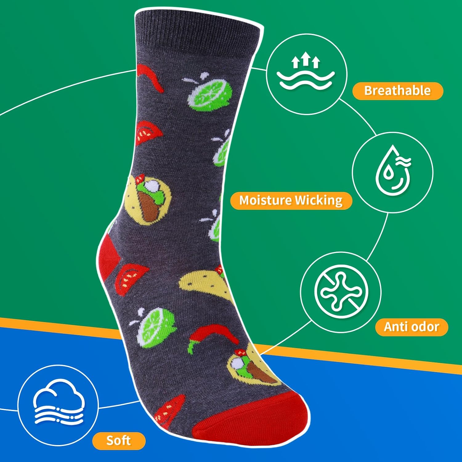 4 Pairs Mens Funny Dress Socks,Novelty Food Pattern Crazy Fun Design Sock,the preferred gift for family and friends. - Image 4