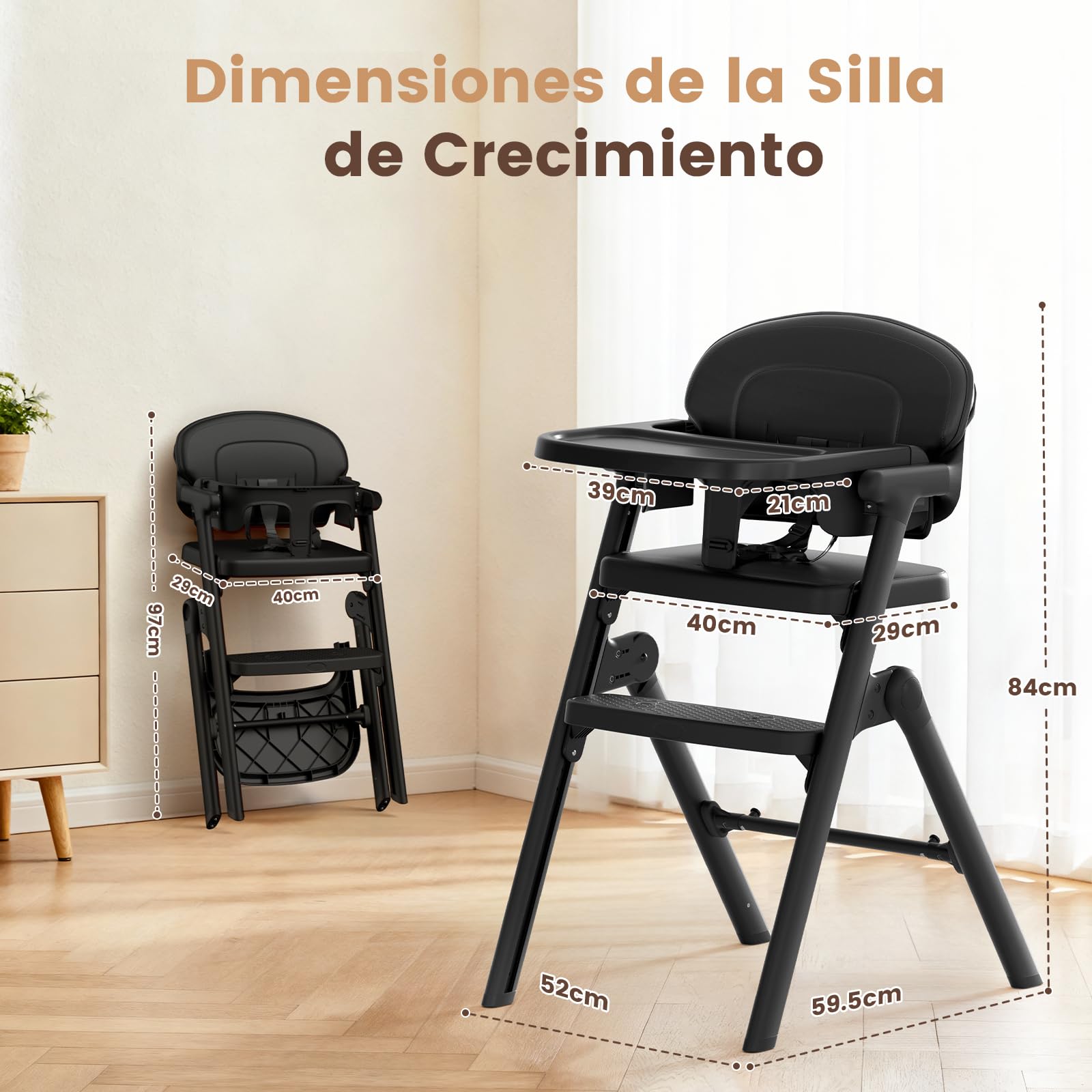 Trona Evolutiva Bebé-Plegable, Tronas de Bebe Regulable, 6 Meses-90 KG, con Bandeja/Cojín/Arnés de 5 Puntos/Bandeja, Tronas Evolutivas Fácil de Limpiar, Ergonómica (Negro)
