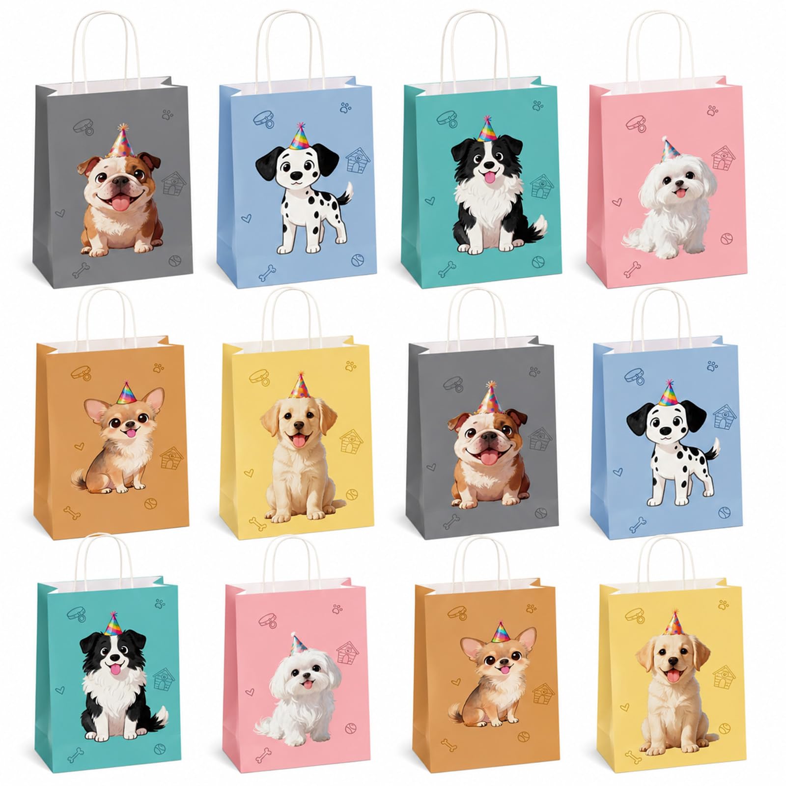 12PCS Goodie Bags, Colorful Gifts Bag Medium with 6 Different Dog Patterns, Dog Themed Party Bag for Animal Themed Parties, Birthday Parties, Baby Showers