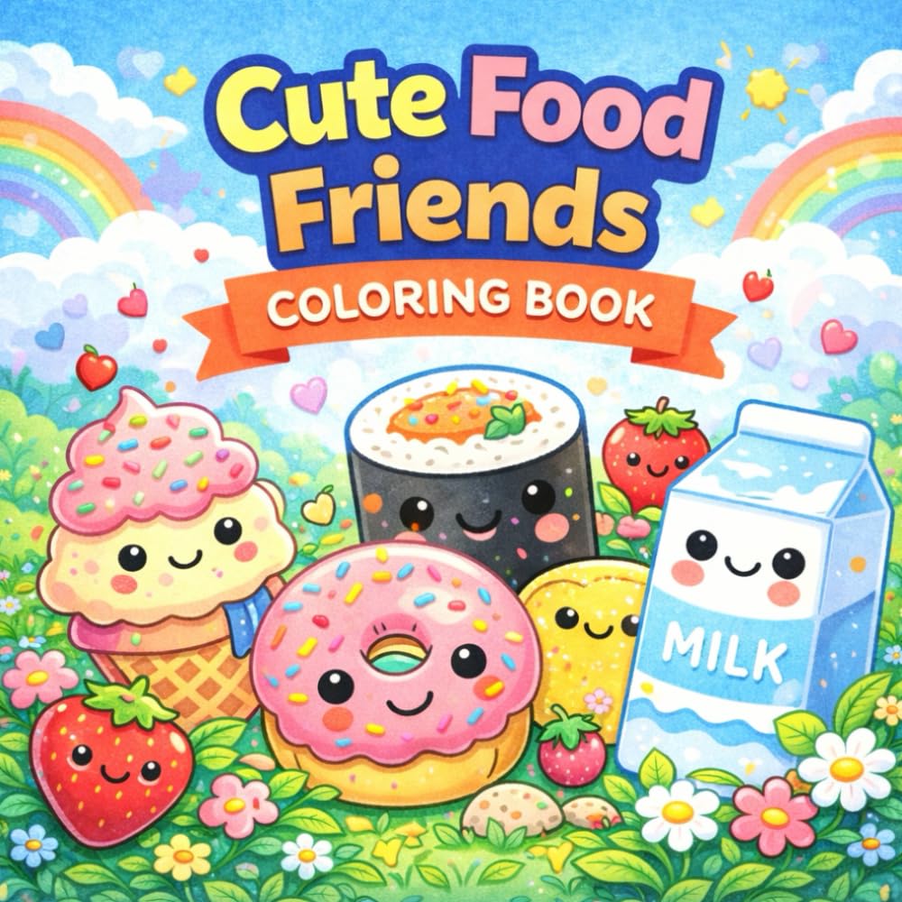 Cute Food Friends Coloring Book: Fun and Easy Kawaii Food Coloring Pages with Happy Donuts, Cupcakes, Ice Cream & Snack Adventures for Kids