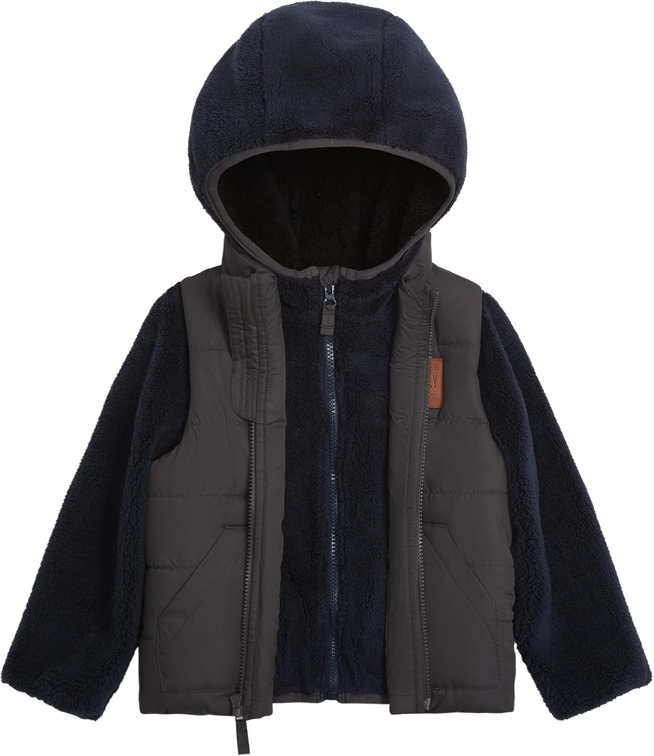 LONDON FOG Boys' 3-in-1 Heavyweight Puffer Vest and Hooded Sherpa Jacket Layered Winter Coat