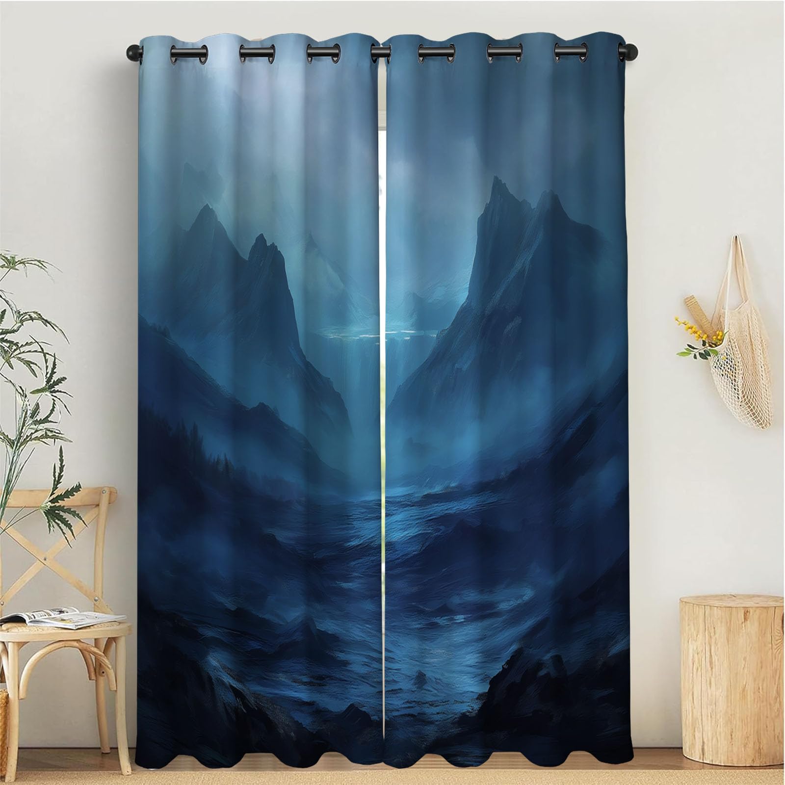 Rideau occultant bleu noir 140x240 cm lot de 2 avec motifs montagnes