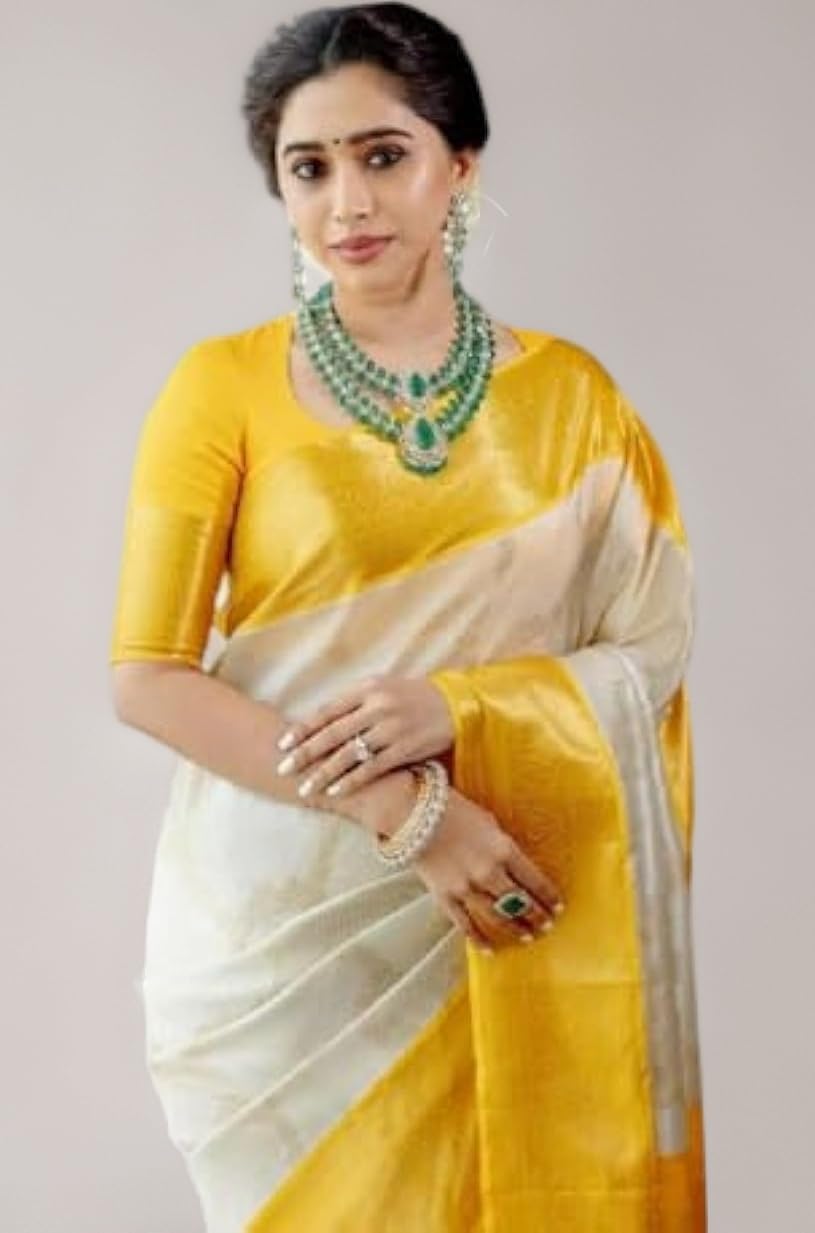 Flosive Women's Sun Yellow&White Golden Zari Shine Soft Kanjivaram Silk Wedding Saree