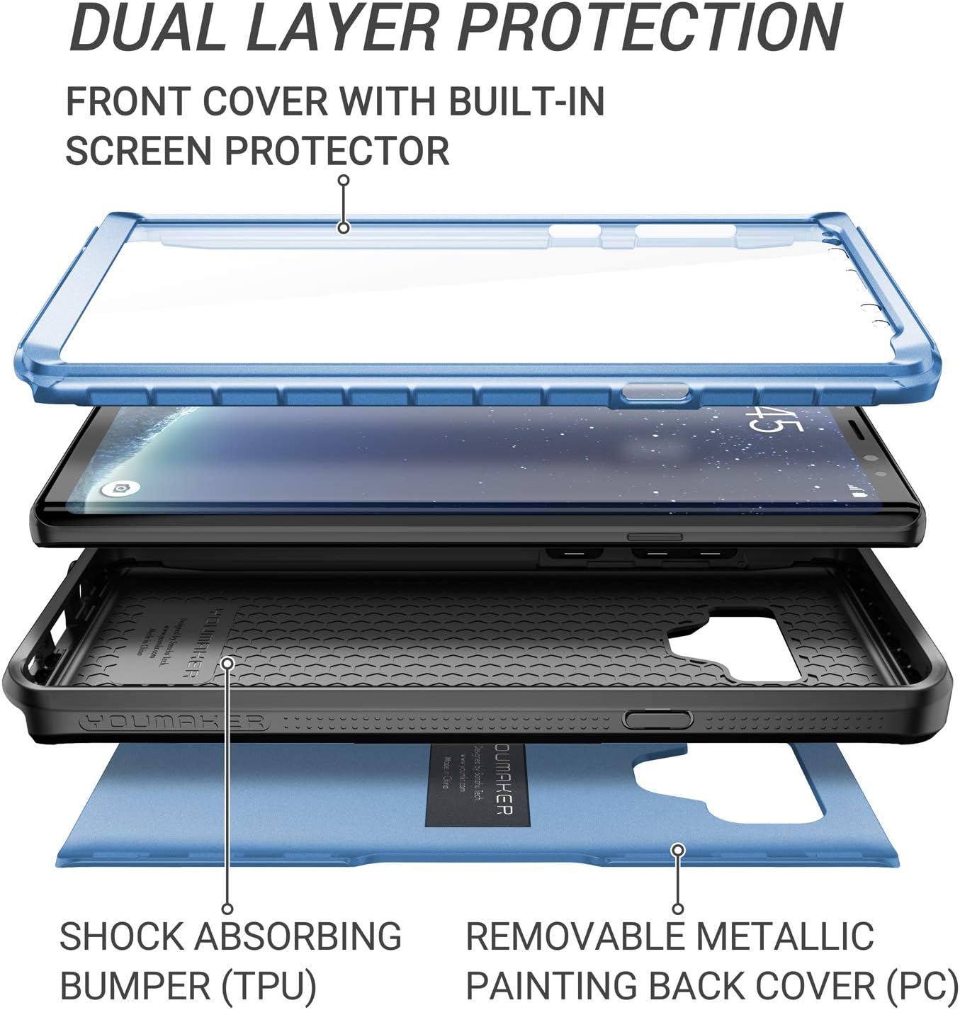YOUMAKER Case for Galaxy Note 9, Full Body Heavy Duty Protection with Built-in Screen Protector Shockproof Rugged Cover for Samsung Galaxy Note 9 (2018) 6.4 Inch - Blue/Black