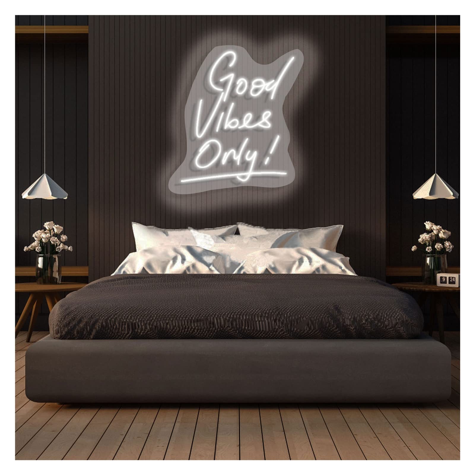 Tablica świetlna LED "Good Vibes Only" - personalizowany duży, akrylowy neon LED do sypialni, dekoracji ściennej, baru, imprezy (biały, 50 x 57 cm)