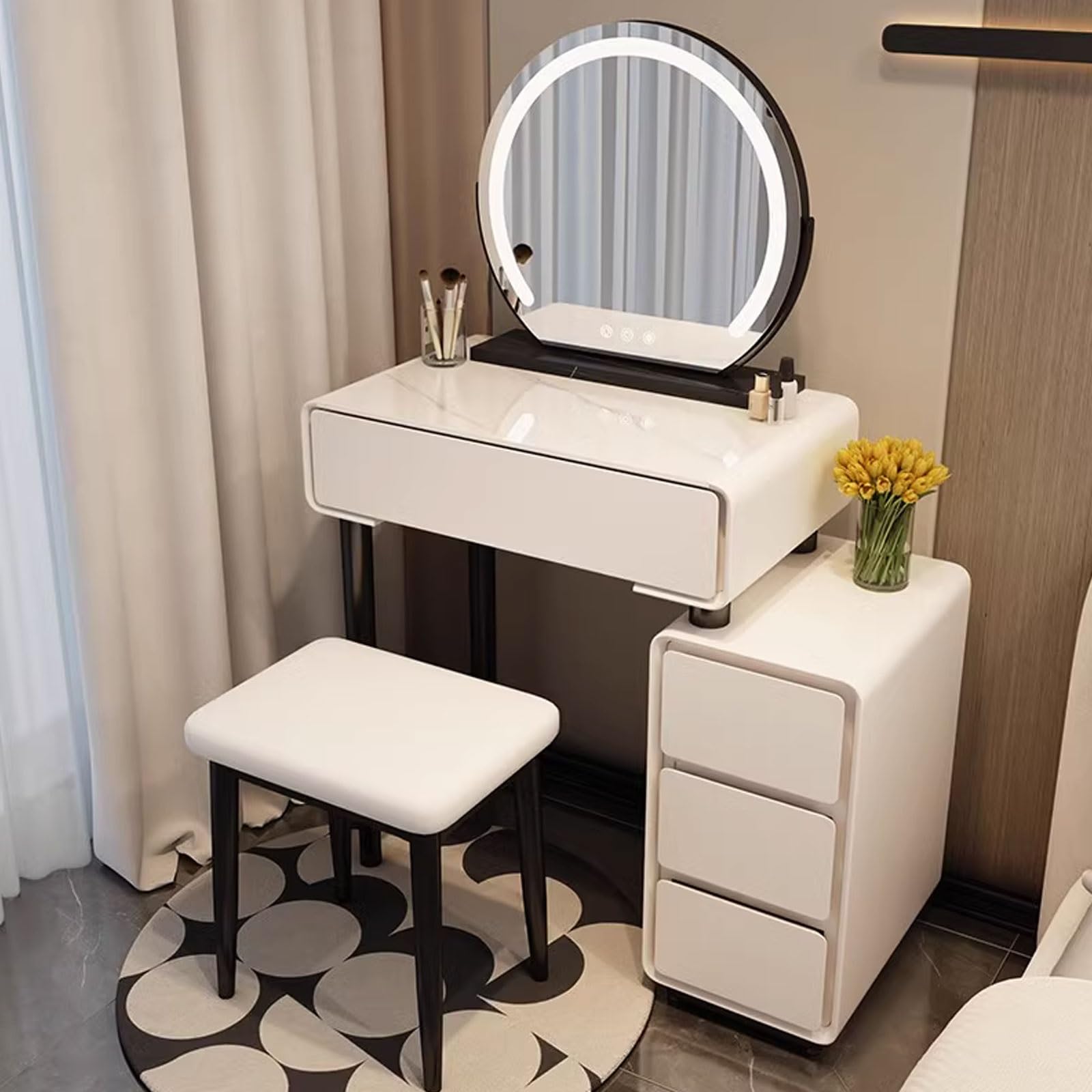 Postazione Trucco con Luci e Cassetti, con Cassetto, Sgabello e Specchio, Specchio Intelligente a Tre Colori, Set da Trucco Semplice e Moderno, Robusto e Durevole ( Color : White , Size : MEDIUM_SQUAR