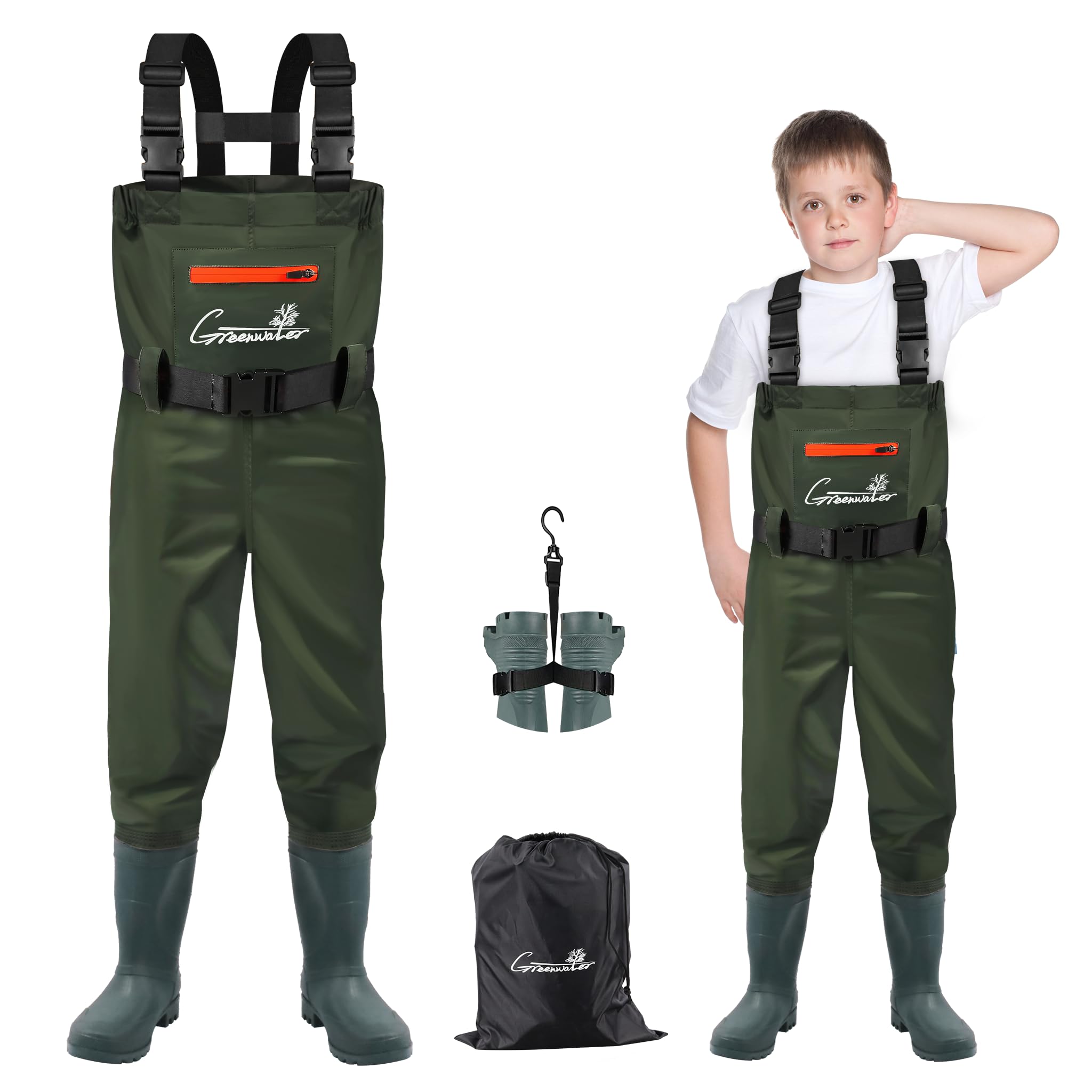 GREENWATER Kids Chest Waders Youth Fishing Waders with Boots Waterproof for Children Boys Girls Hanger & Bag Included