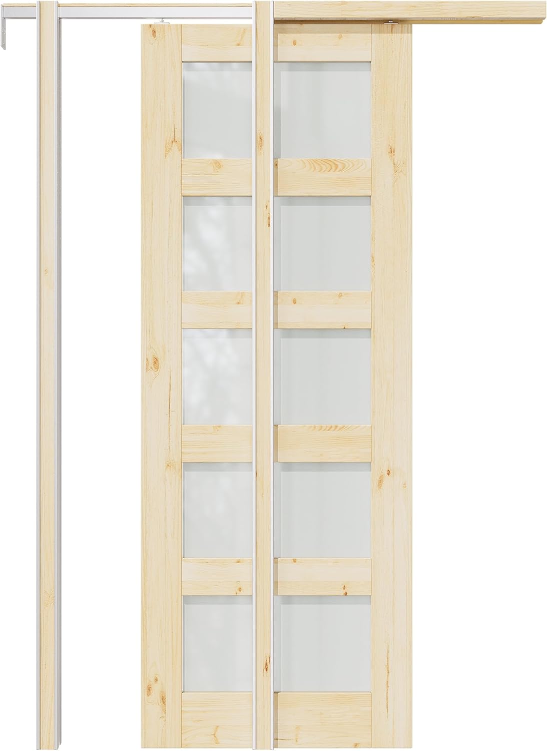36x80 Pine Pocket Door, Pre-Assembled Solid Door with Steel Clad Wood Frame & Soft Close, Build Quality Interior Sliding Doors, Sturdy and Easy Install, 5 Panel Frosted Glass Doors