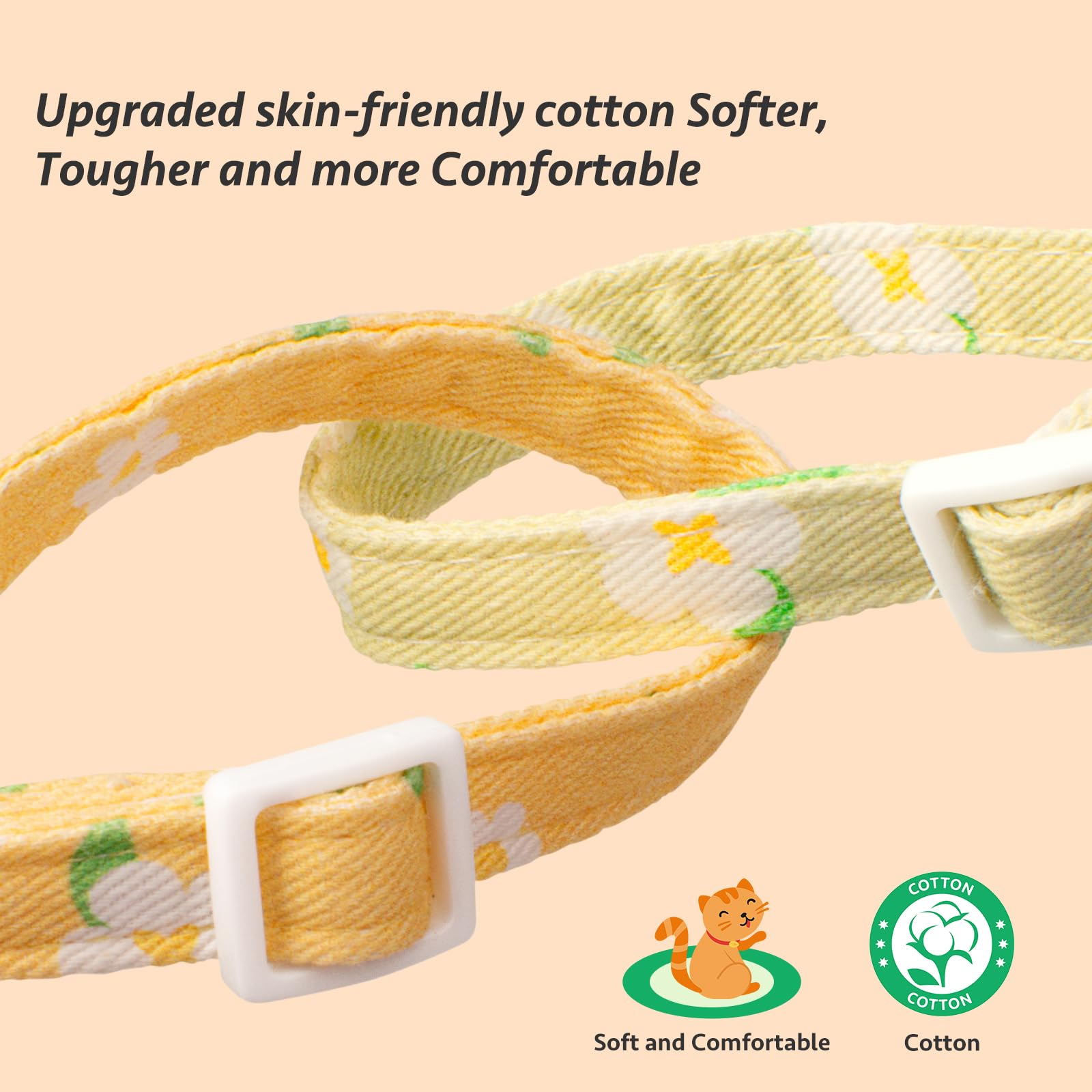 Paquete de 2 collares de algodón para gatos, colgante de flores verdes y amarillas, collar de gato lindo con campana, ideal para niñas, gatos, niños y gatos