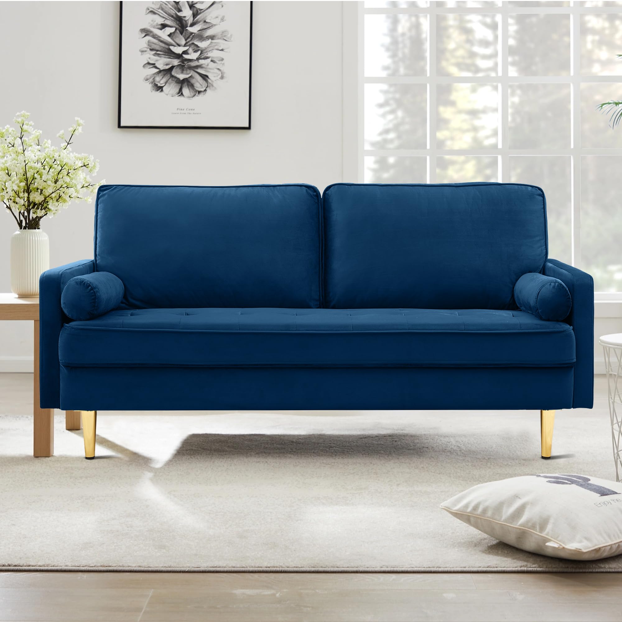 Velvet Loveseat Sofa, 66.9'' Mid Century Modern Small Love Seats with 2 Pillows & Golden Legs Comfy Couch for Living Room, Upholstered 2 Seater Sofa for Small Apartment (Blue)