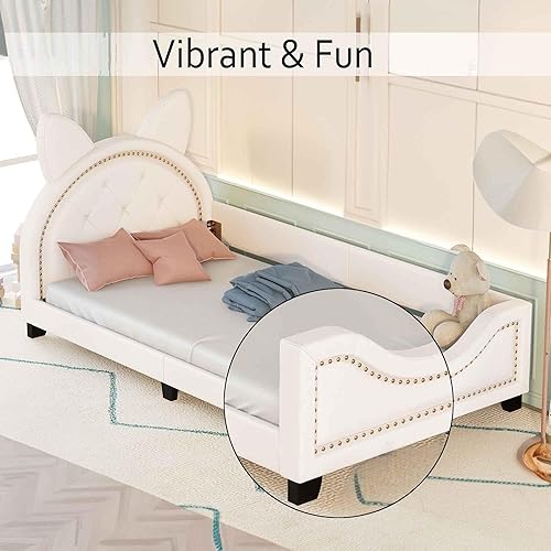 Miniatura 4 de Sofá cama con cabecero, cámaras en forma de conejo, marco de cama de madera con plataforma individual para niñas y niños, bonito sofá cama tapizado,