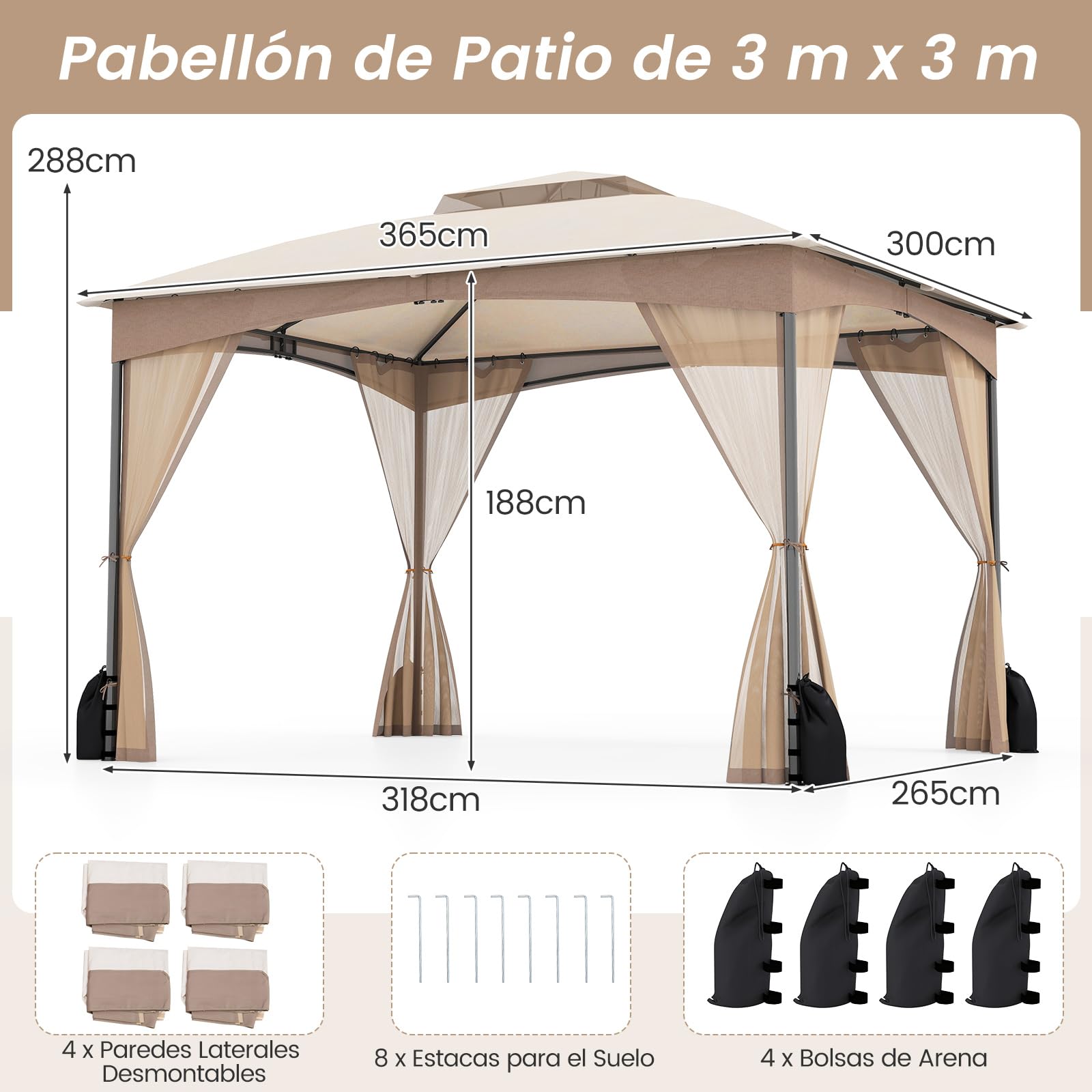 COSTWAY Carpa Plegable 3,65x3m, Pop up, Pergola de Jardin con Paredes de Malla, Dosel de Techo Doble, Puertas con Cremallera, Estructura de Metal, Cenador Pabellón Jardin Exterior (Caqui)