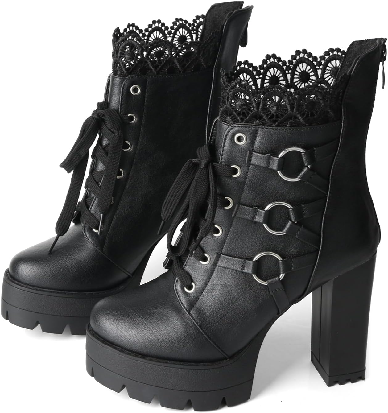 Goth Boots Chunky Heel Boot For Women Ankle Combat Booties Black Platform Bootie Buckle Rivets Punk Goth Shoes With Zipper