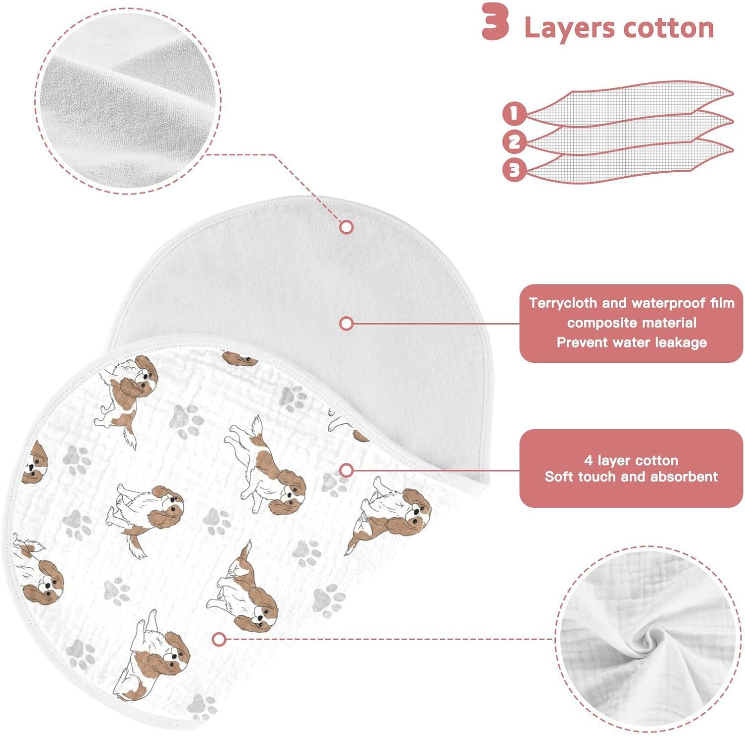 1 Pack Muslin Burp Cloths Cavalier Dogs Paw White Cotton Baby Burp Cloths Ultra Soft Burping Cloth Absorbent Spit Up Rags for Newborn Must Haves 22x11 Inch image 3