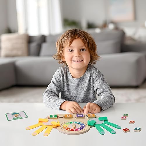 Miniatura 5 de Juguetes de aprendizaje Montessori para niños pequeños de 3, 4 y 5 años, bloques de números de contar dedos y reloj de madera para niños, juguetes