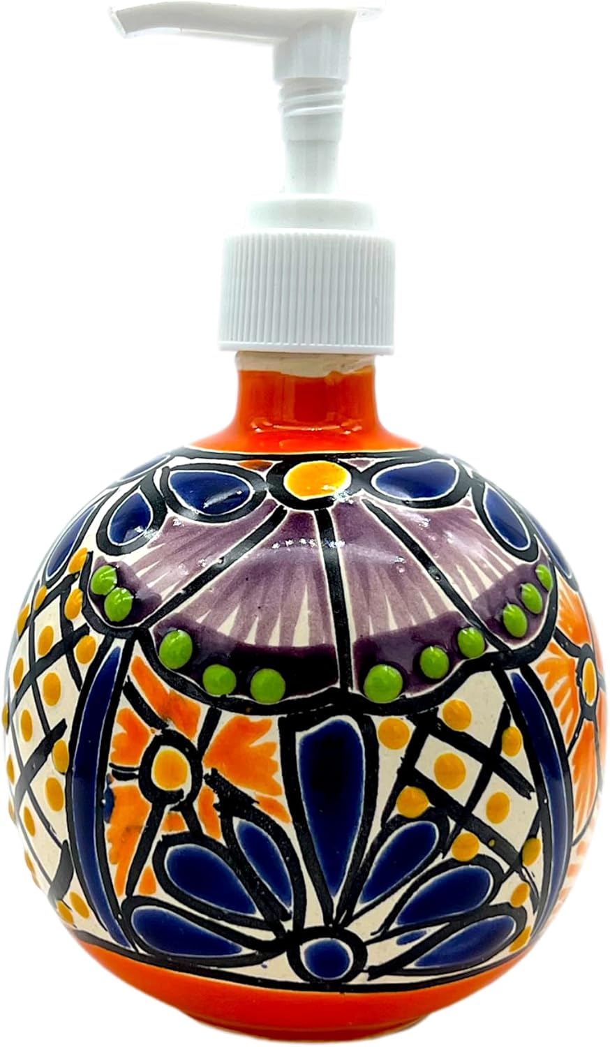 Talavera Ceramic Soap and Lotion Dispenser, for Kitchen or Bathroom Countertops - Hand Painted Mexican Pottery - Mexican Sphere Jabonera Esfera Multicolor