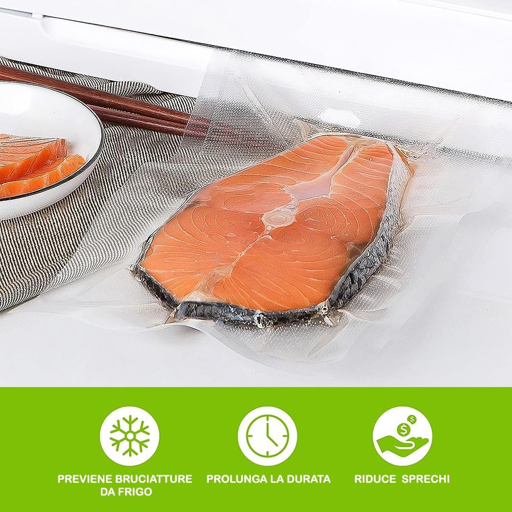 GM 100 Sacchetti Sottovuoto Goffrati per Alimenti, Misura 12x25 cm per Tutte le Macchine Sottovuoto, Buste Sottovuoto per Conservazione Alimenti e Cottura, Senza BPA