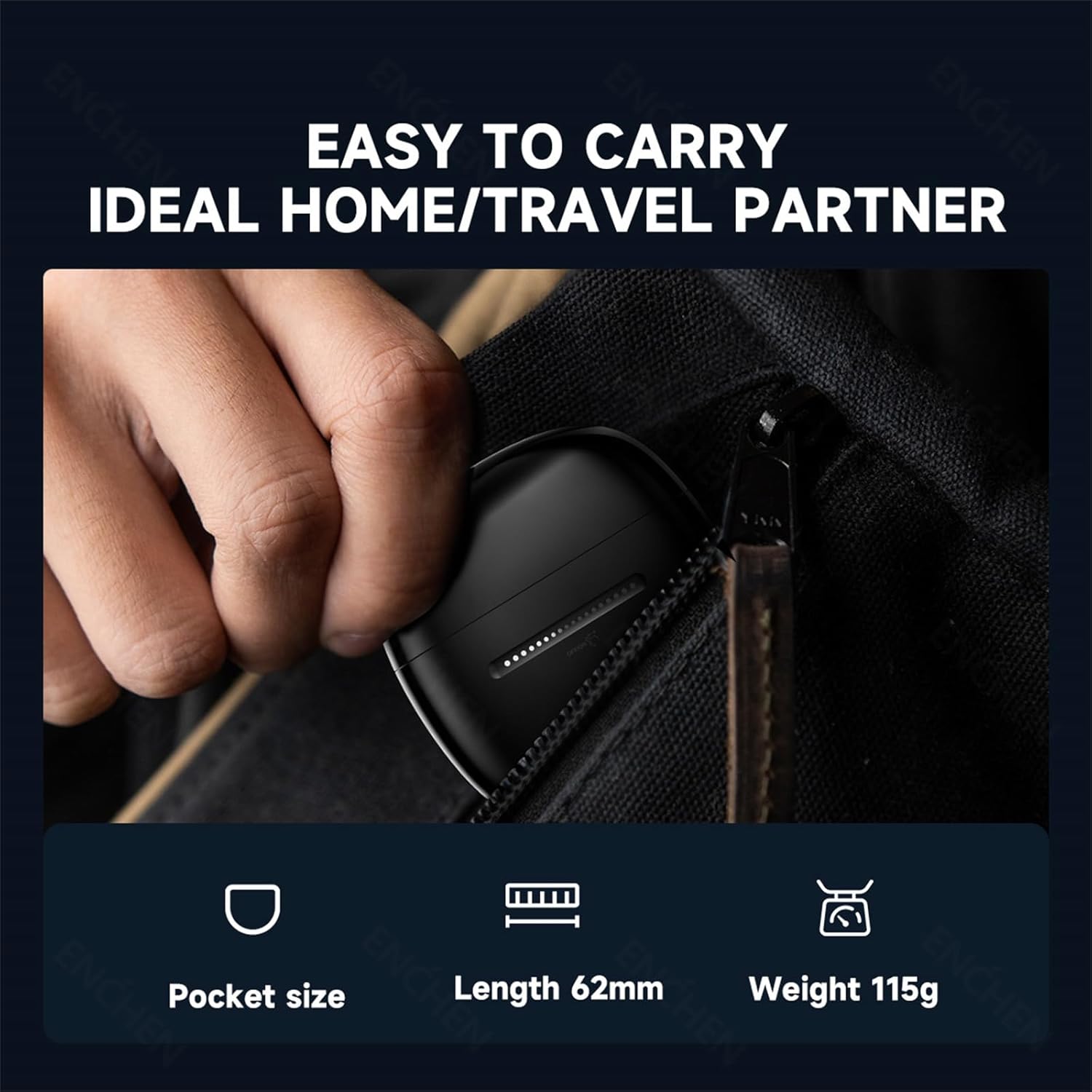 Enchen Mini 6S Electric Shaver being placed into a small pouch, illustrating its compact size and portability.