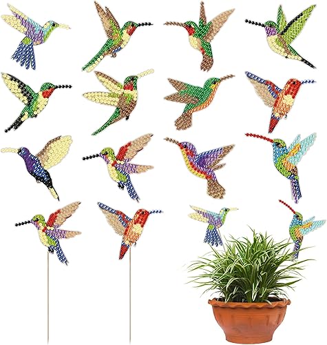 Miniatura 1 de Huwena 12 piezas de pintura de diamante de colibrí para decoración de jardín, estacas de pintura de diamante, estacas de jardín, estacas de arte de