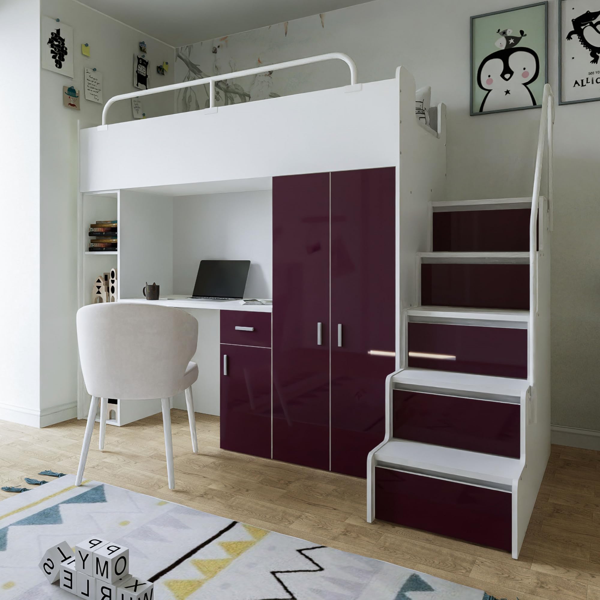 Hochbett JSM-4 80x190 mit Kleiderschrank Schreibtisch und Treppe Hochglanz Kinderbetten Funktionsbett Etagenbett Stockbett Kinderhochbett Jugendhochbett (Schwarz Glanz)