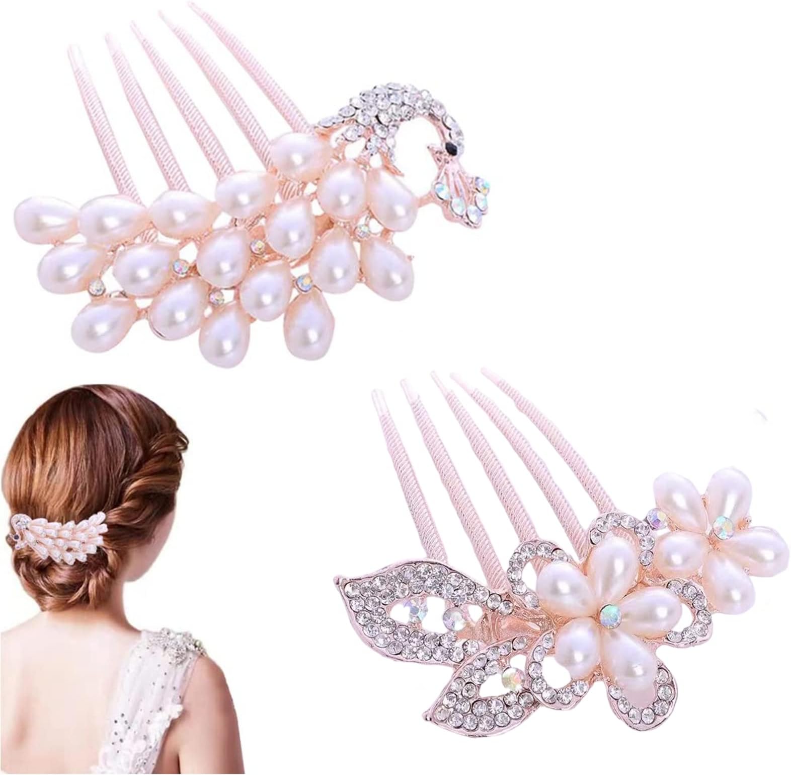 SAIFEI 2-Piece Ladies Rhinestone Pearl Hair Comb Accessories Shiny Gift for Girls (Peacock + Petals)